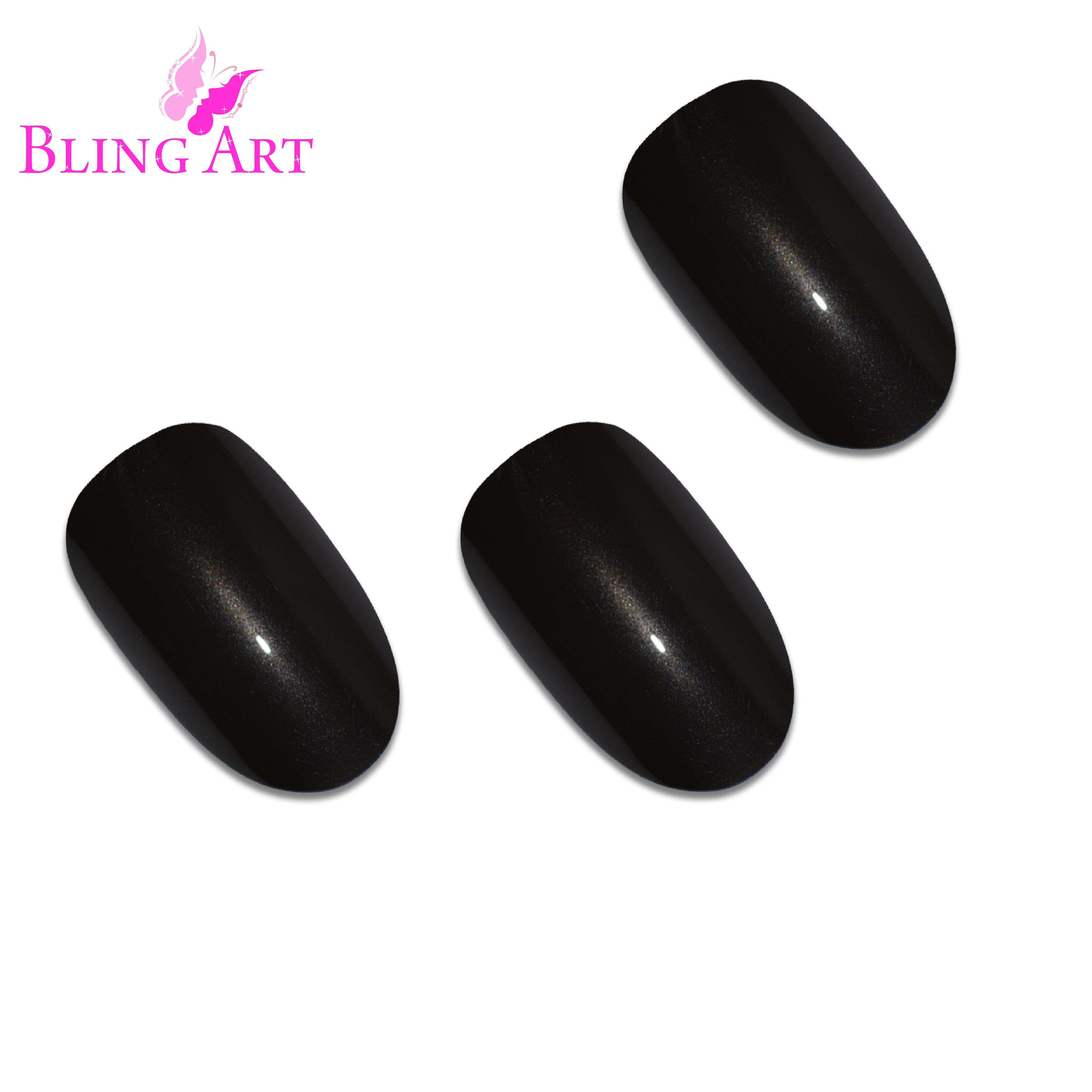 Black glitter oval press-on nails by Bling Art — worn-hand close-up showing jet-black embedded sparkle on medium-length oval tips.