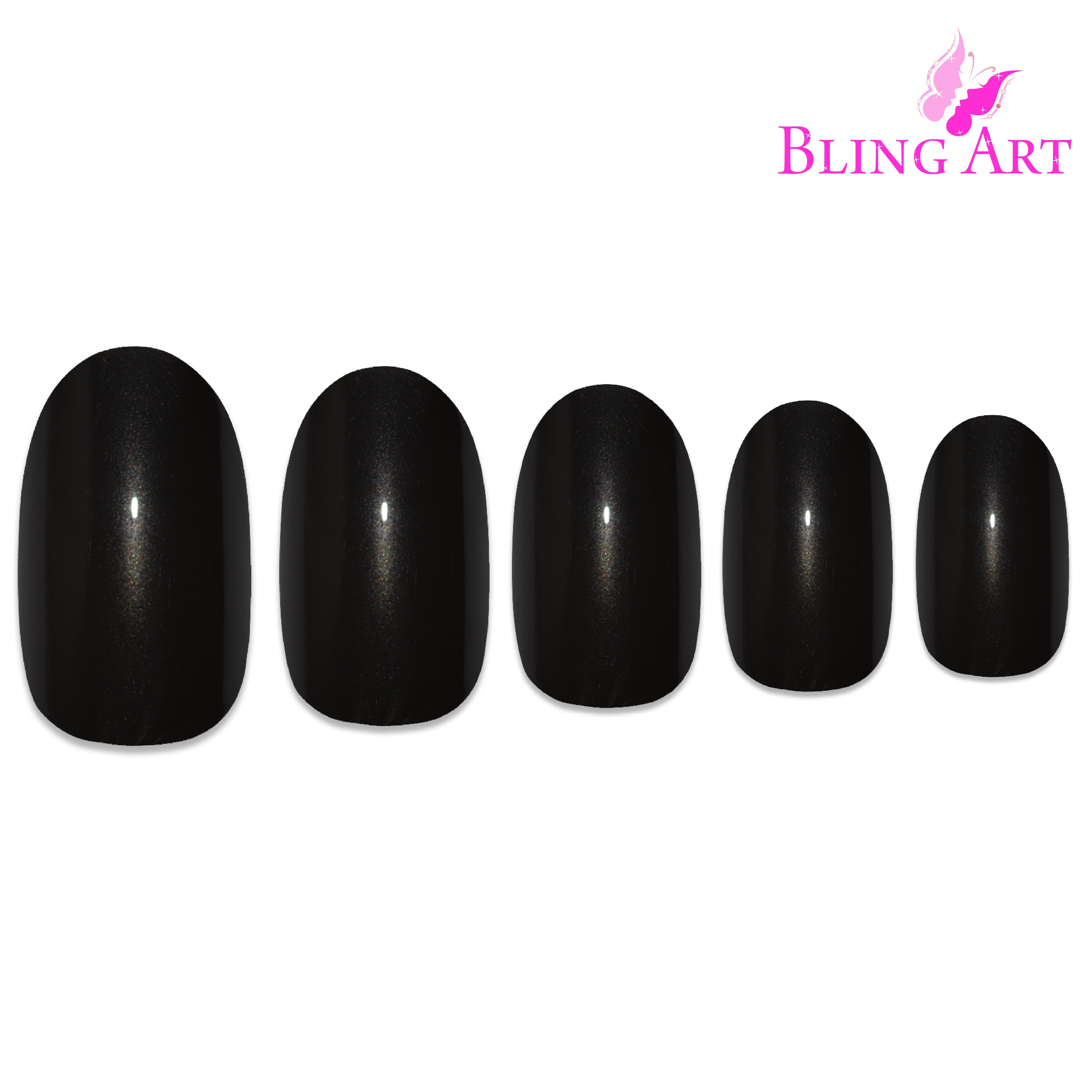Bling Art Black glitter oval press-on nail set packaging — 24 nails, 12 sizes XS-XXL, file and cuticle stick included. Glue not included.