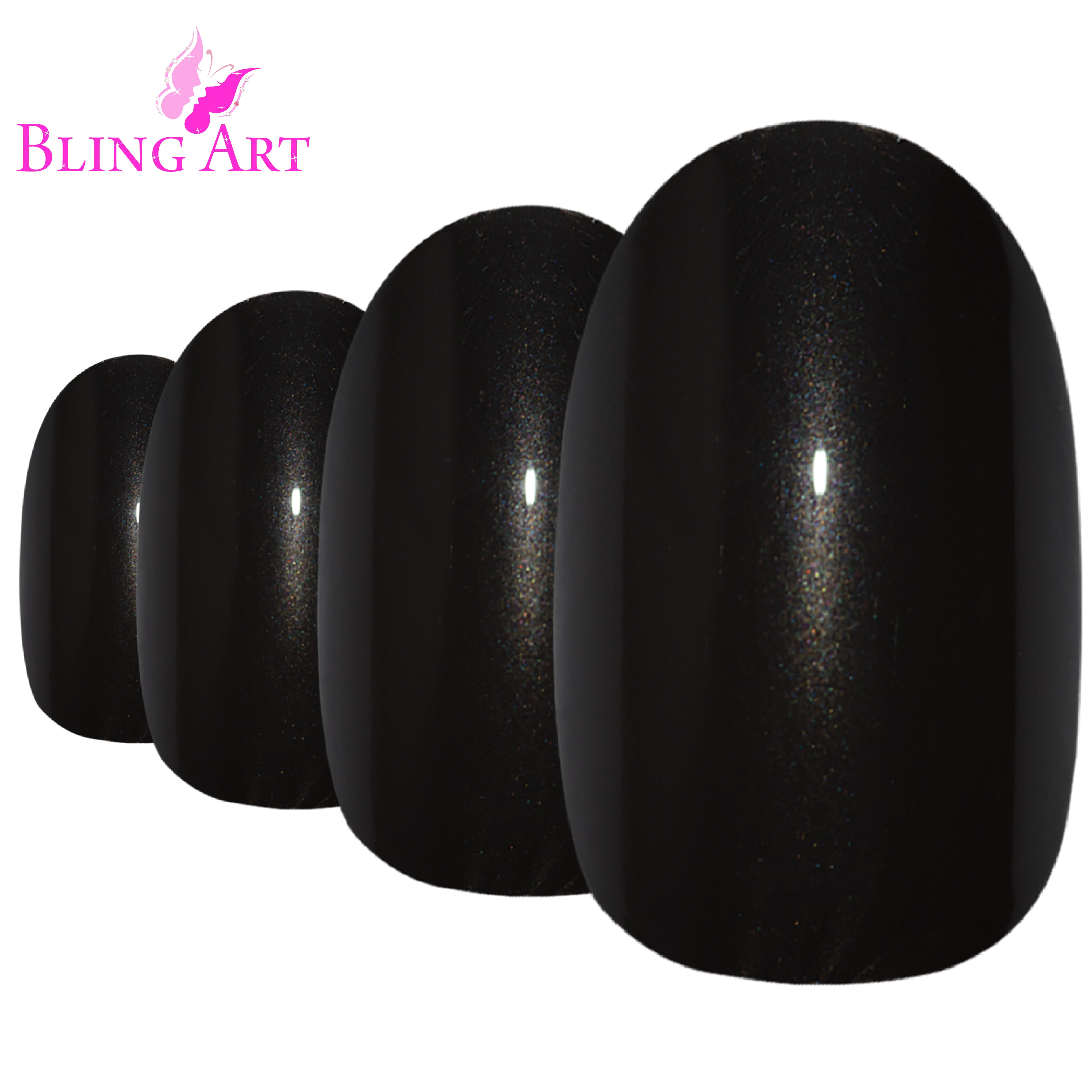 Black glitter oval press-on nails by Bling Art — lifestyle context shot showing the evening-glamour jet-black sparkle.