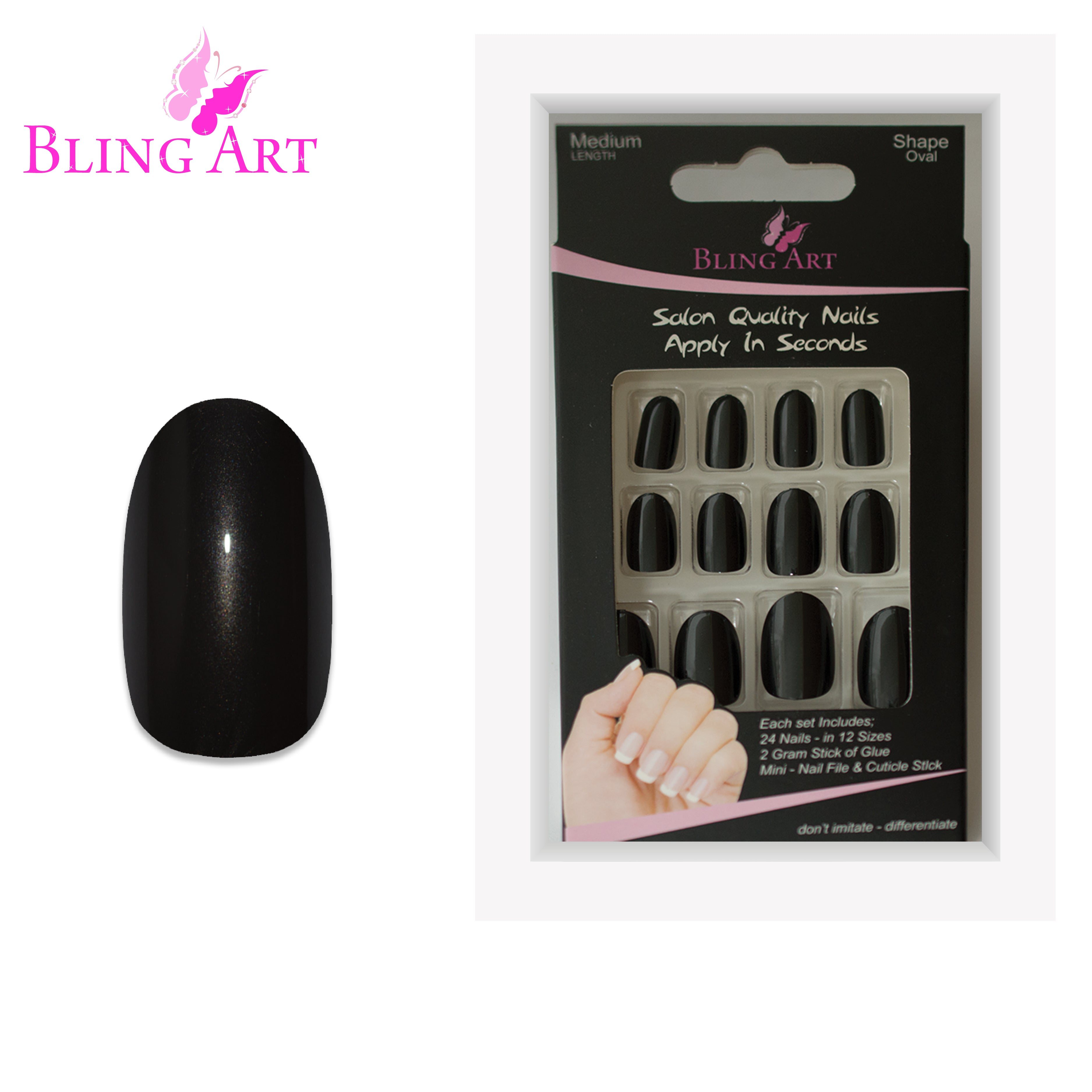 Black glitter oval press-on nails by Bling Art — alternative angle revealing the bond line and glitter density on the oval shape.
