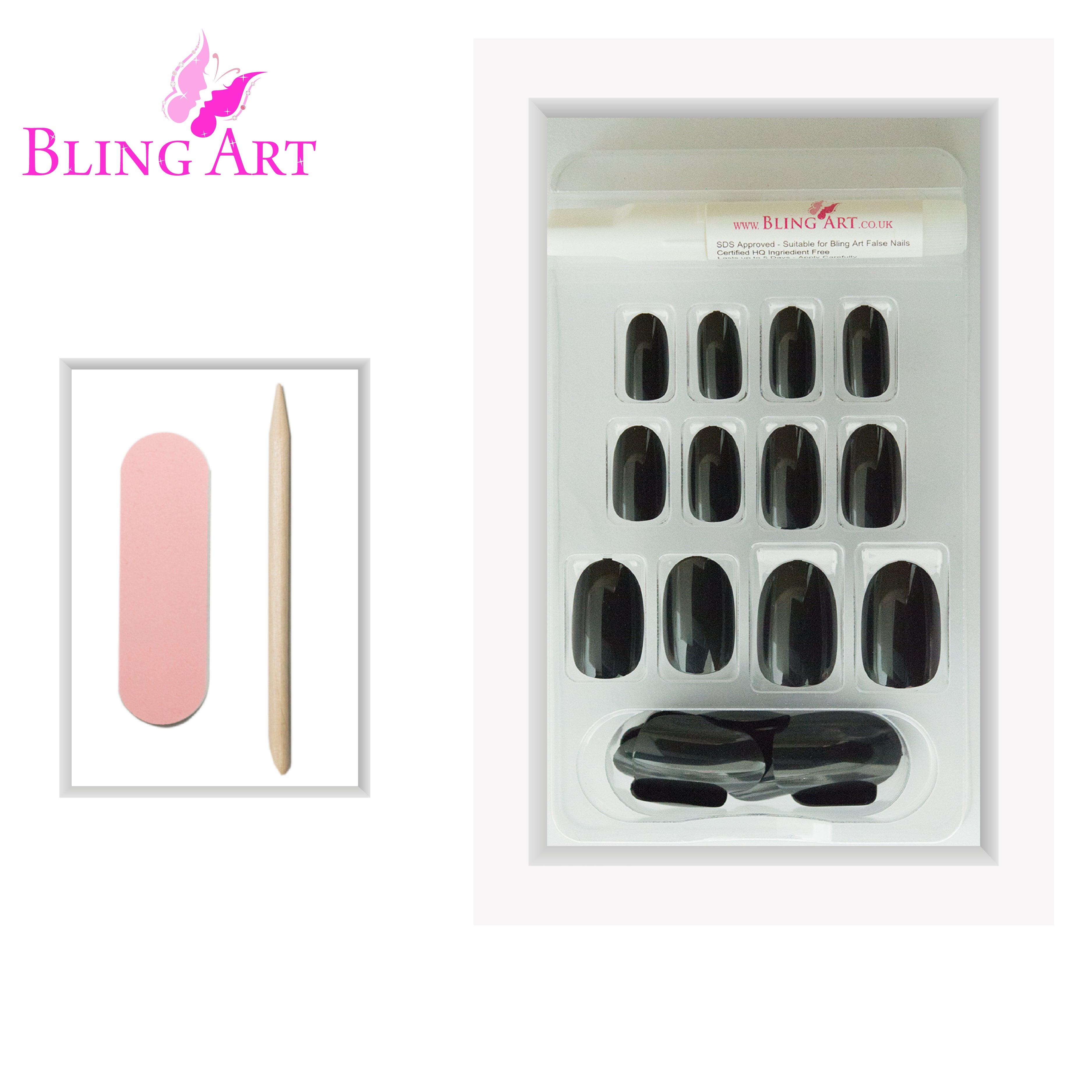 Black glitter oval press-on nails by Bling Art — full-hand reveal showing all 24 nails across five fingers for parties and NYE.