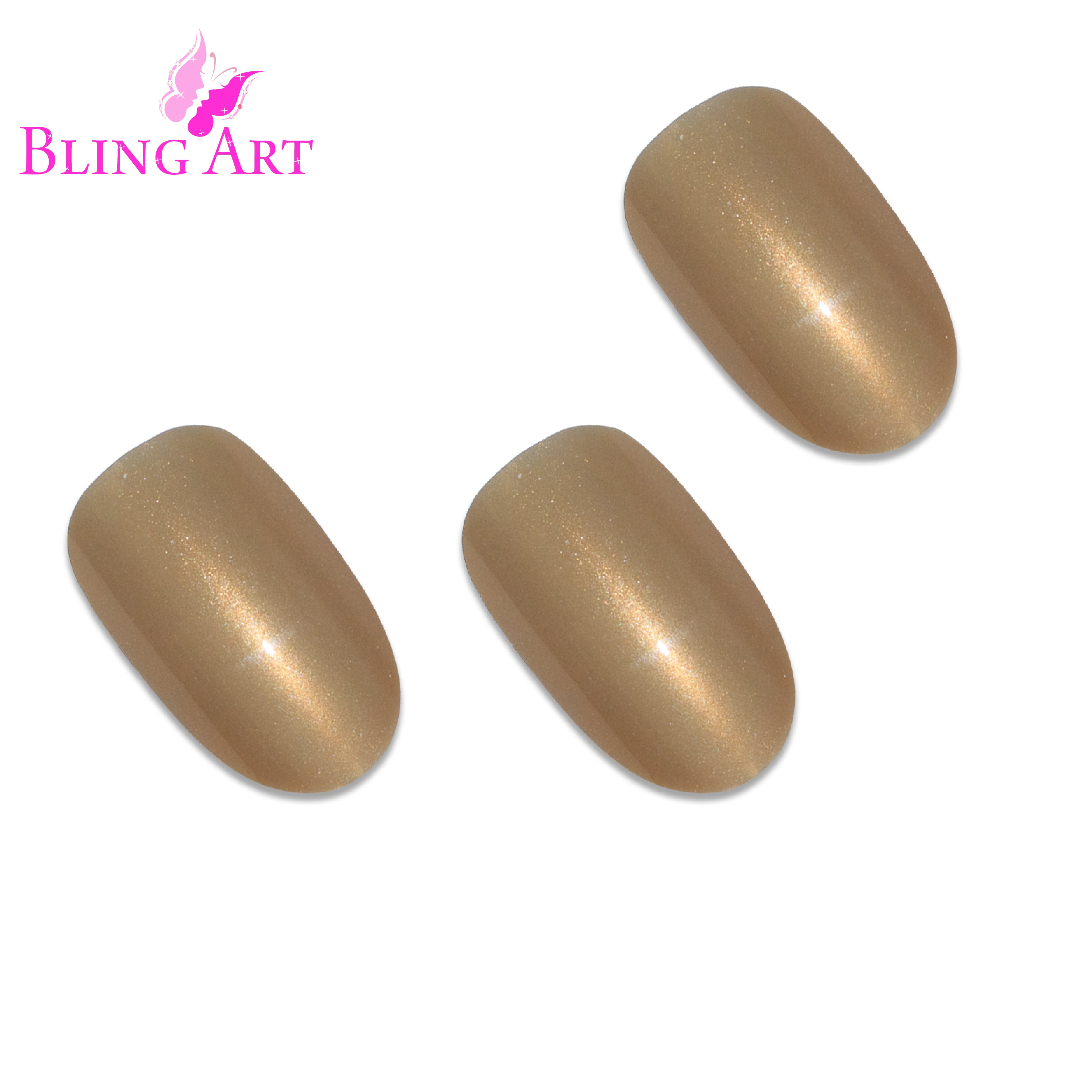 Gold glitter oval press-on nails by Bling Art — worn-hand close-up showing champagne-gold embedded sparkle on medium-length oval tips.