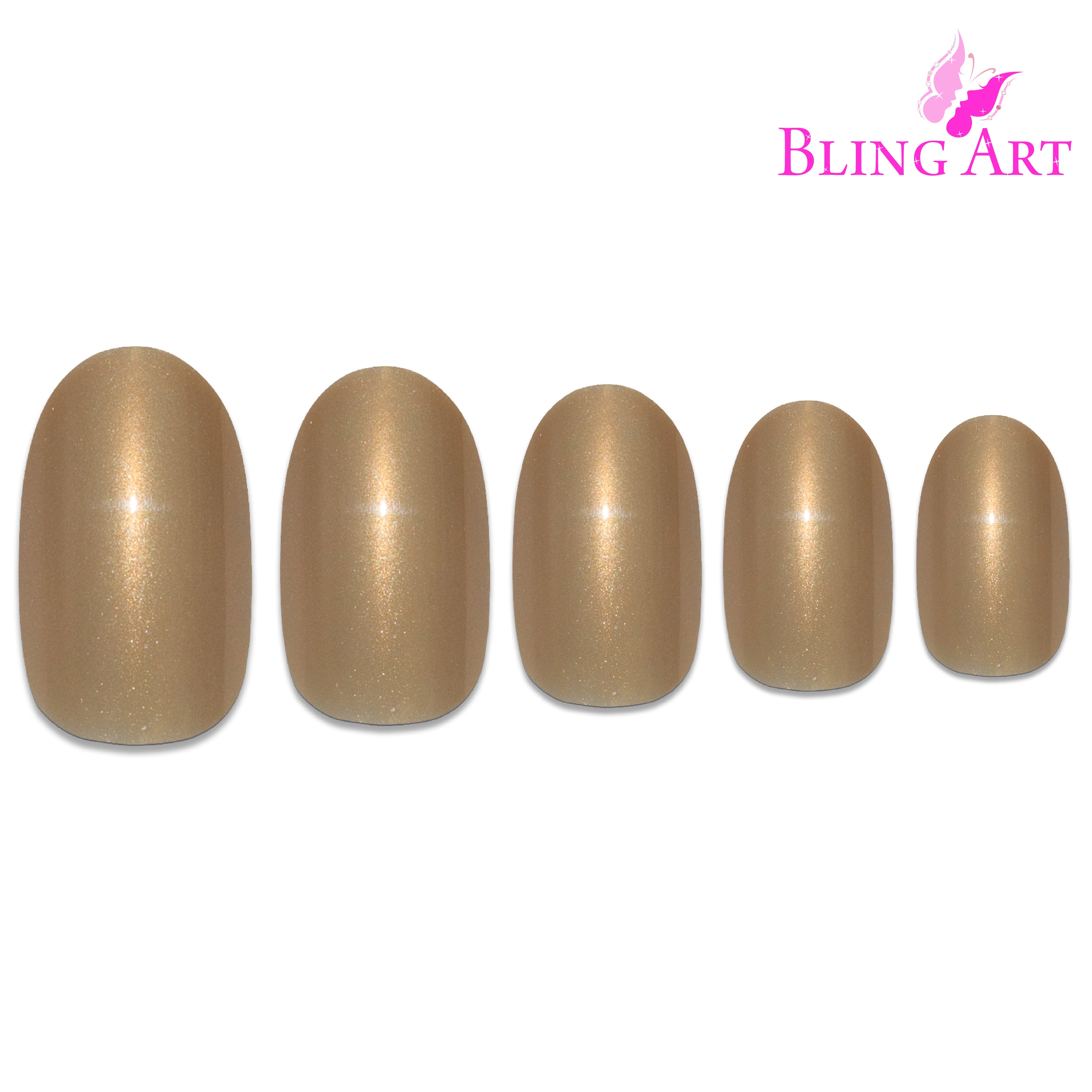 Gold glitter oval press-on nails by Bling Art — alternative angle revealing the bond line and glitter density on the oval shape.