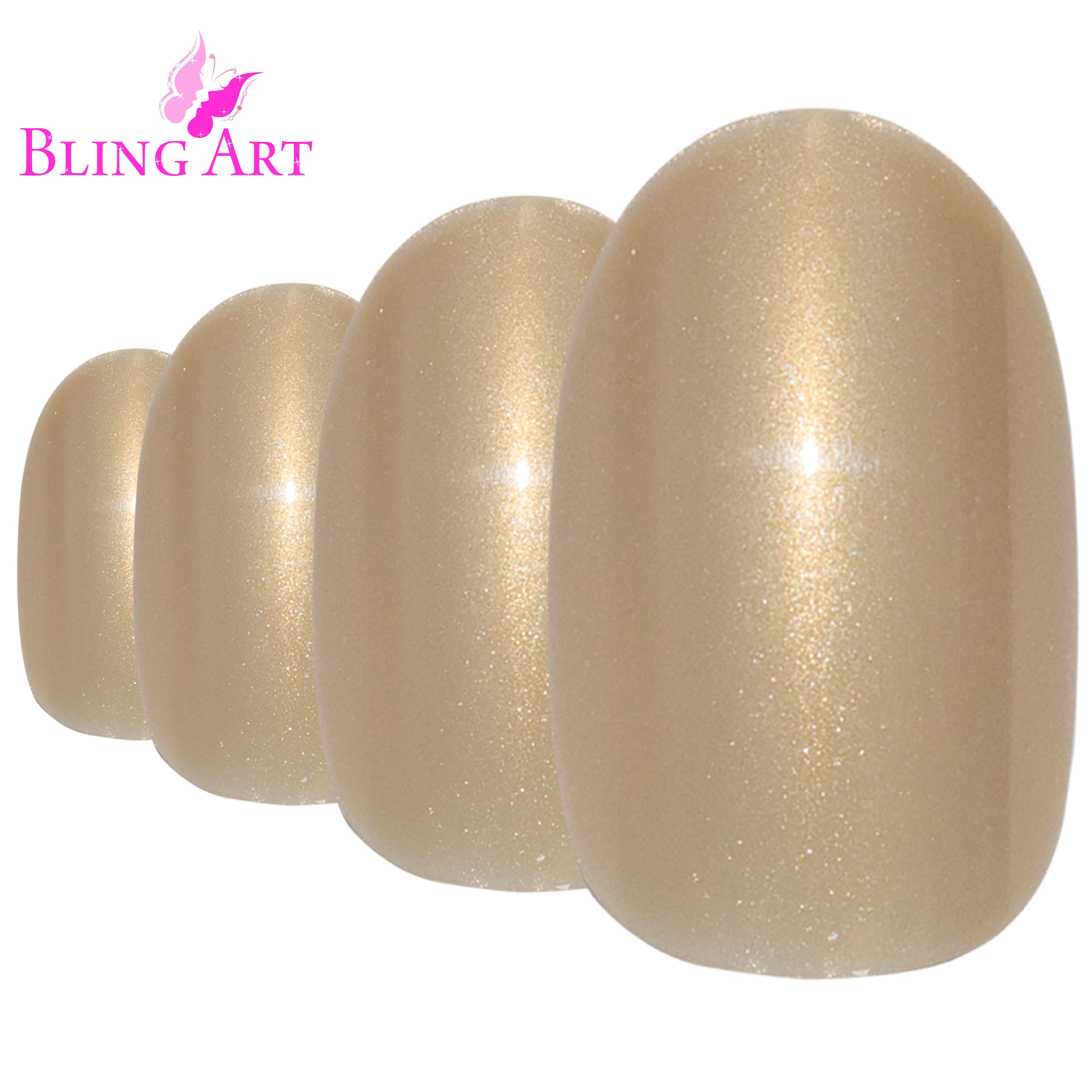 Bling Art Gold glitter oval press-on nail set packaging — 24 nails, 12 sizes XS-XXL, file and cuticle stick included. Glue not included.