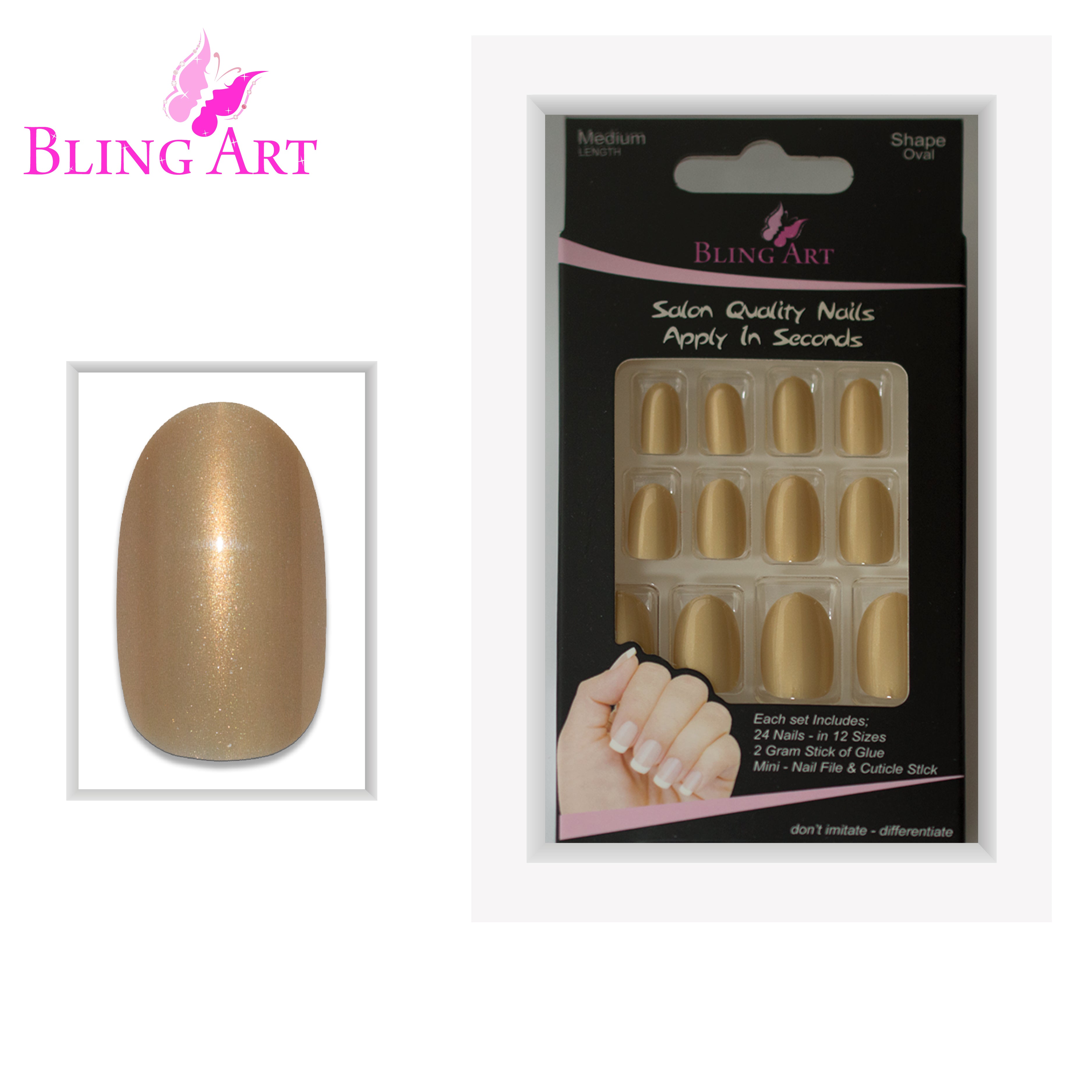 Gold glitter oval press-on nails by Bling Art — full-hand reveal showing all 24 nails across five fingers for weddings and Christmas.