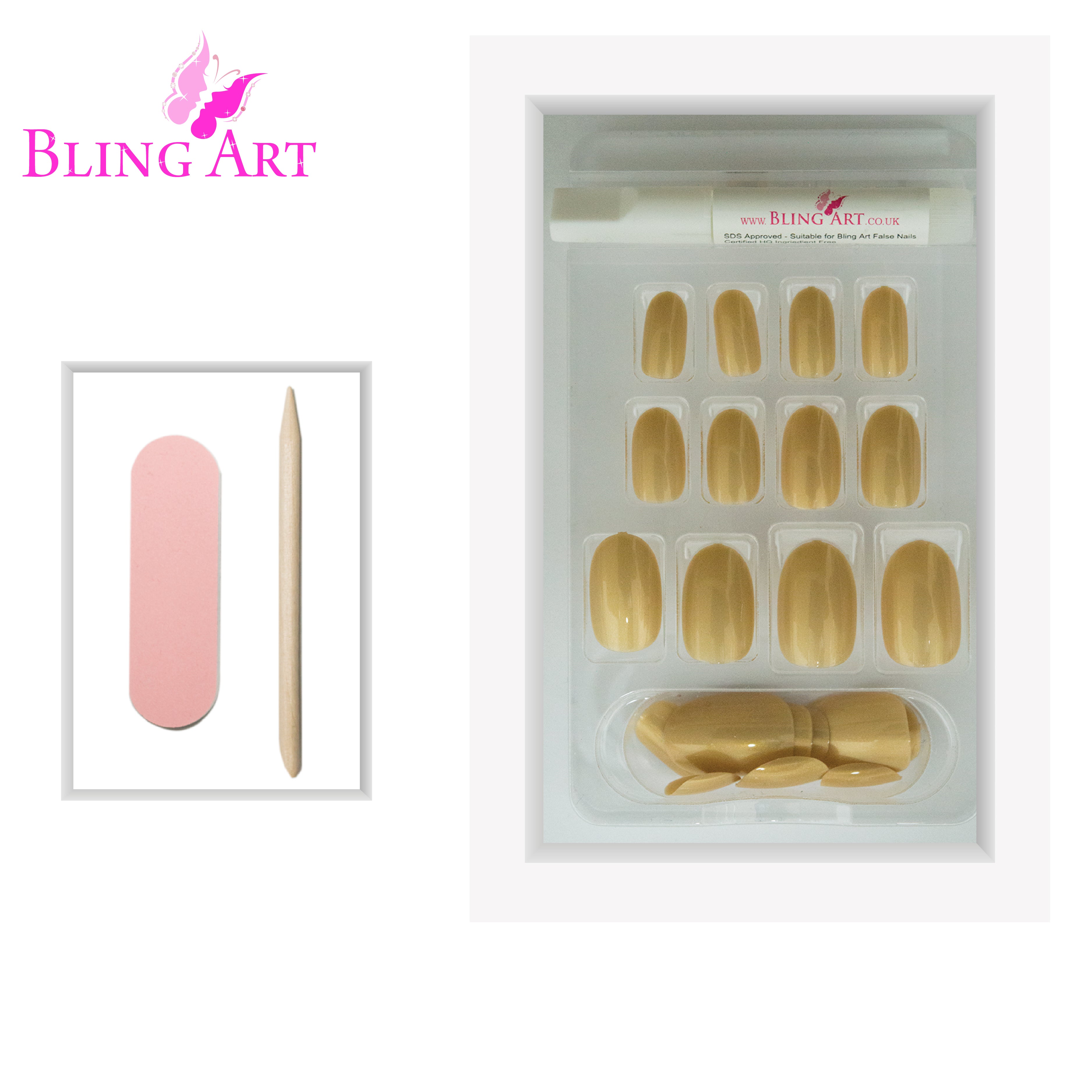 Gold glitter oval press-on nails by Bling Art — lifestyle context shot showing the celebration-ready gold sparkle.
