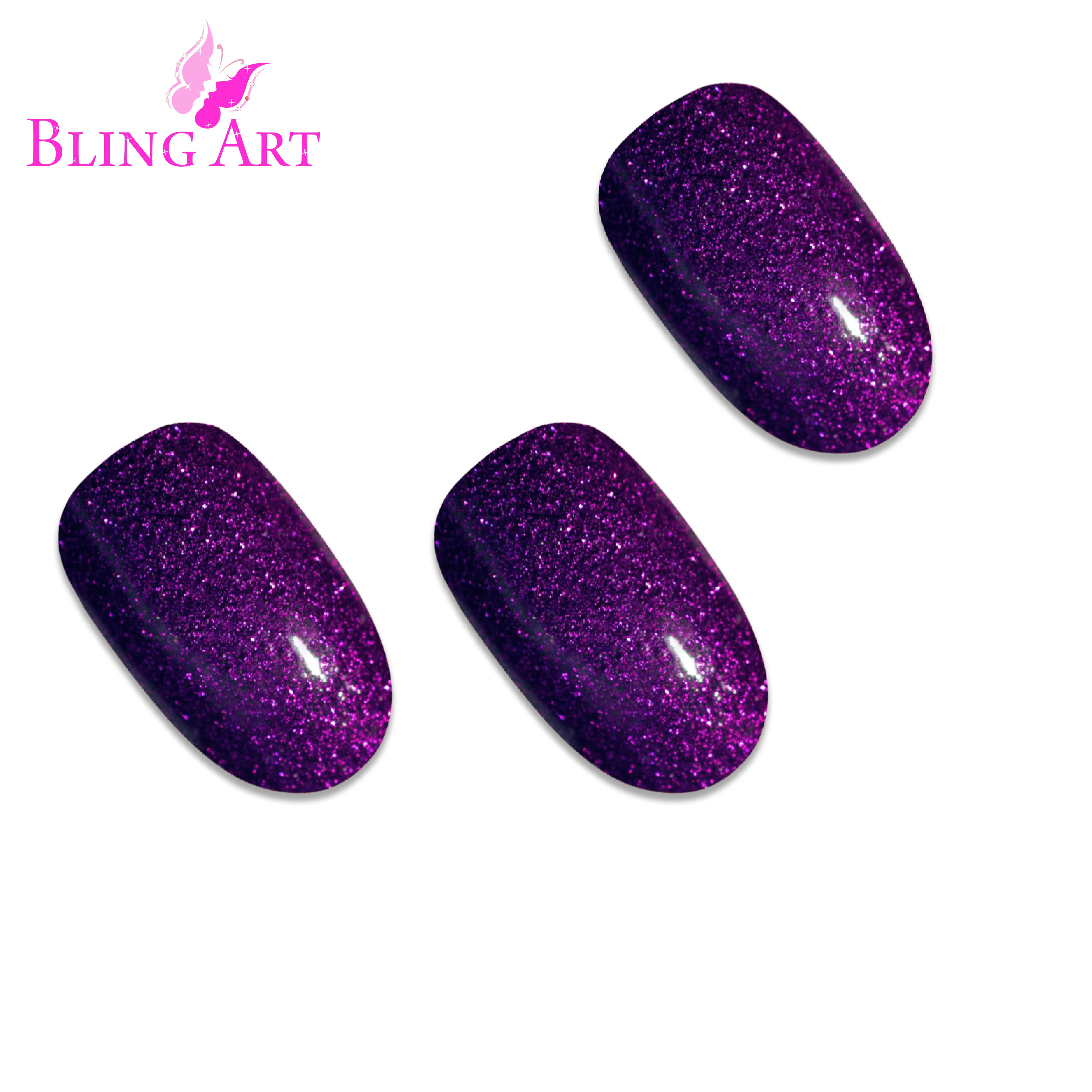Purple gel oval press-on nails by Bling Art — alternative angle revealing the bond line on the oval shape.