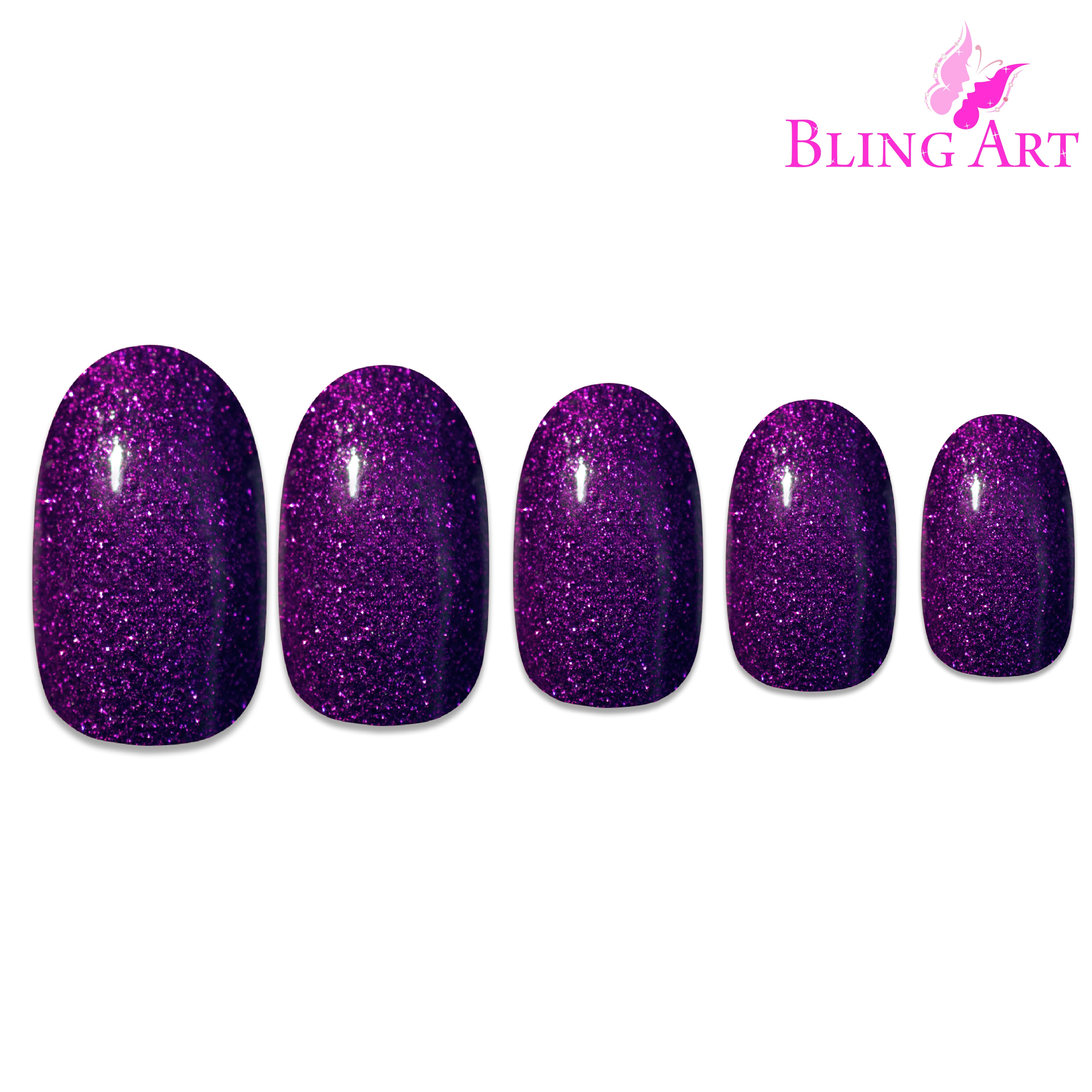 Purple gel oval press-on nails by Bling Art — full-hand reveal showing all 24 nails across five fingers for evening wear.