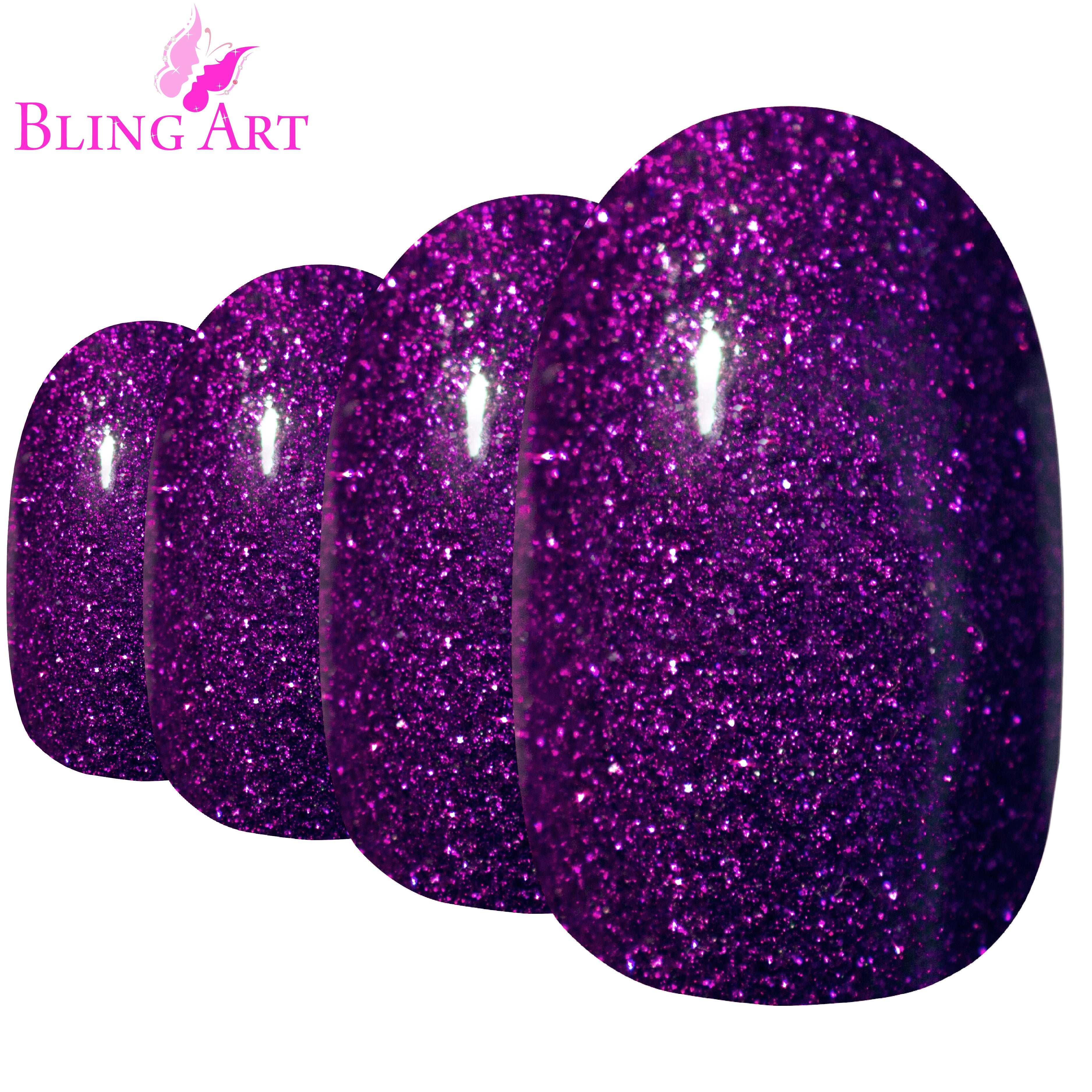 Purple gel oval press-on nails by Bling Art — worn-hand close-up showing the aubergine gel coat on medium-length oval tips.