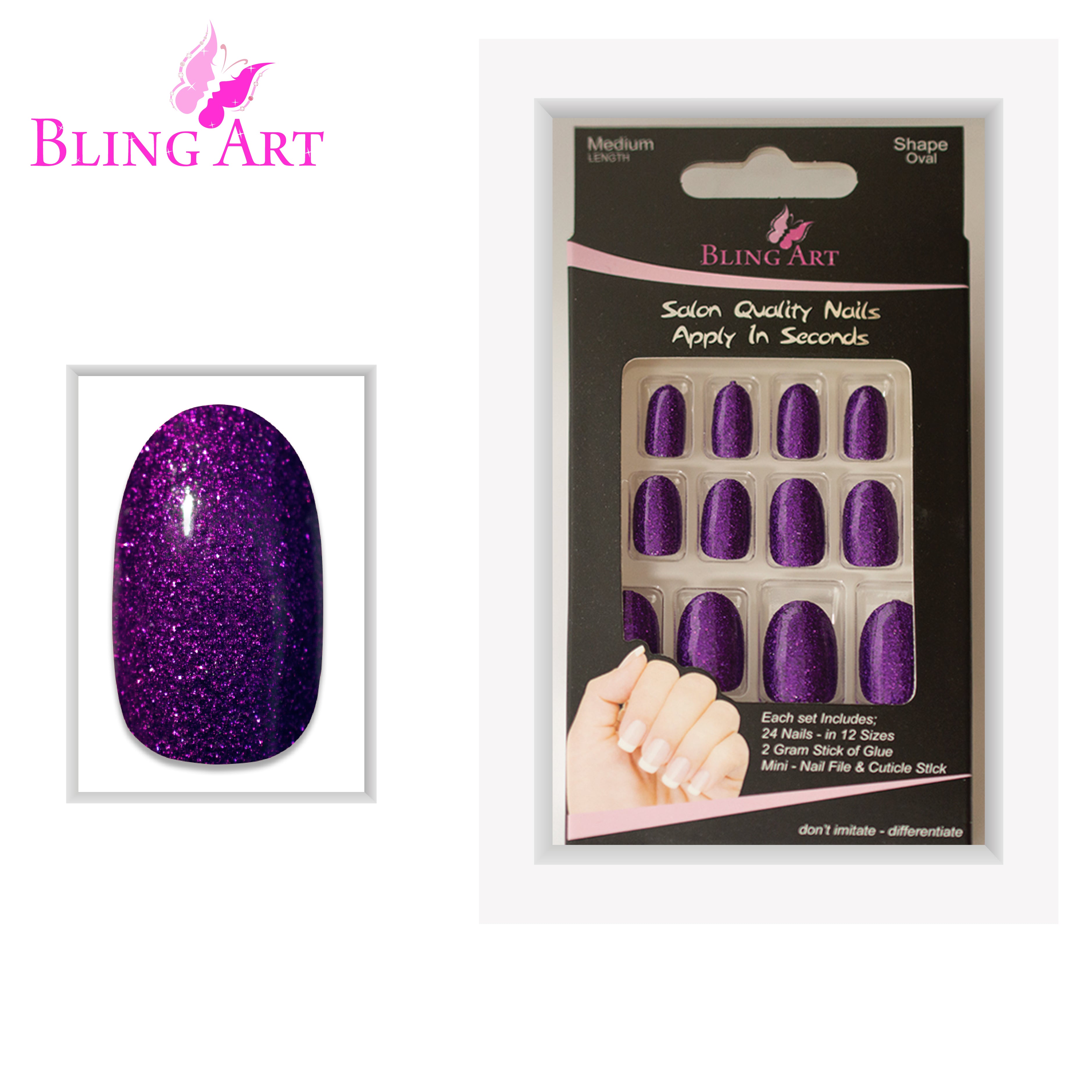 Purple gel oval press-on nails by Bling Art — lifestyle context shot showing the rich aubergine high-shine finish.