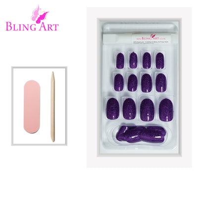 Purple gel oval press-on false nails by Bling Art — rich aubergine high-shine gel for jewel-tone evening glamour and special occasions. 24 nails, 12 sizes XS-XXL, no UV lamp. Designed in Yorkshire UK.