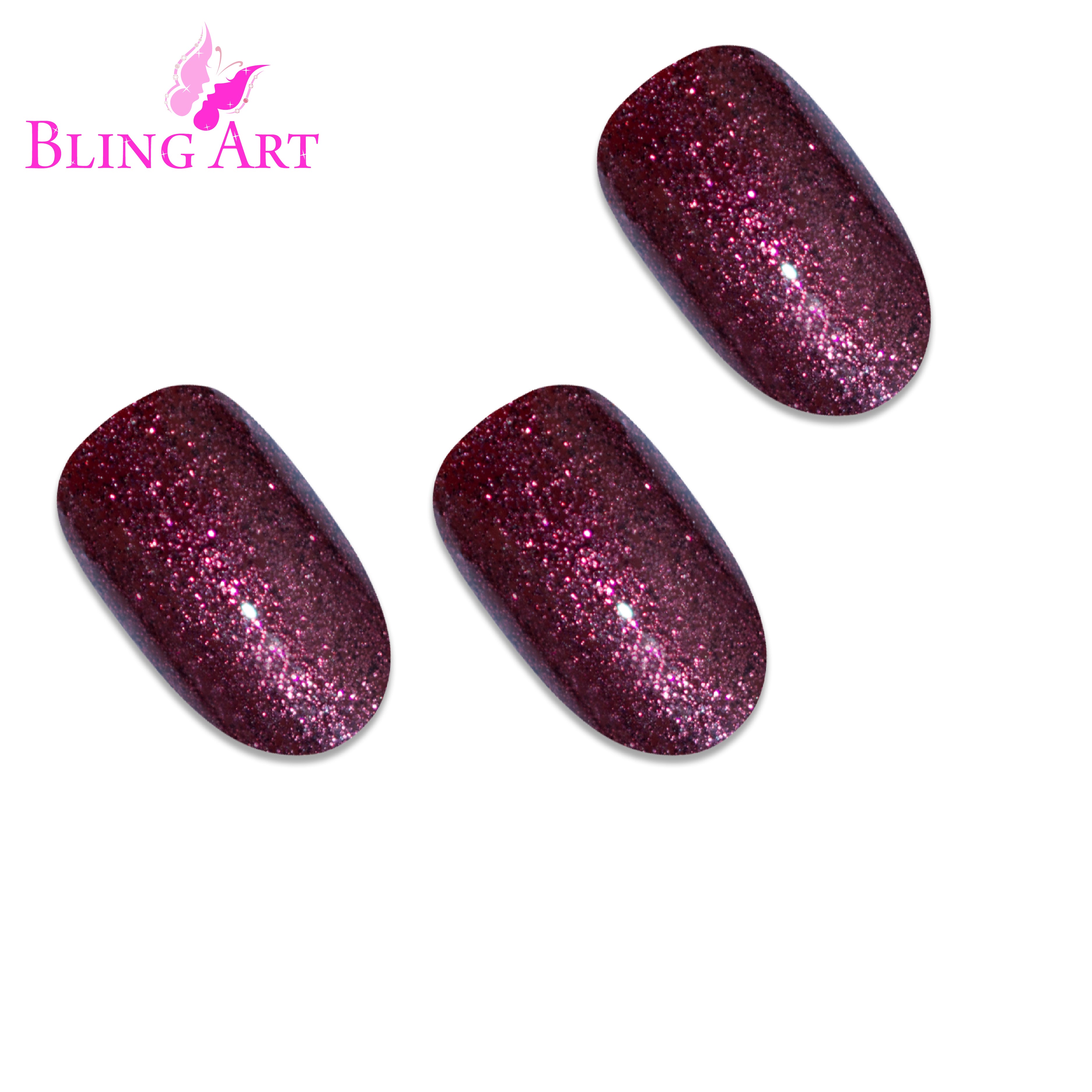 Red Brown gel oval press-on nails by Bling Art — worn-hand close-up showing the chestnut gel coat on medium-length oval tips.
