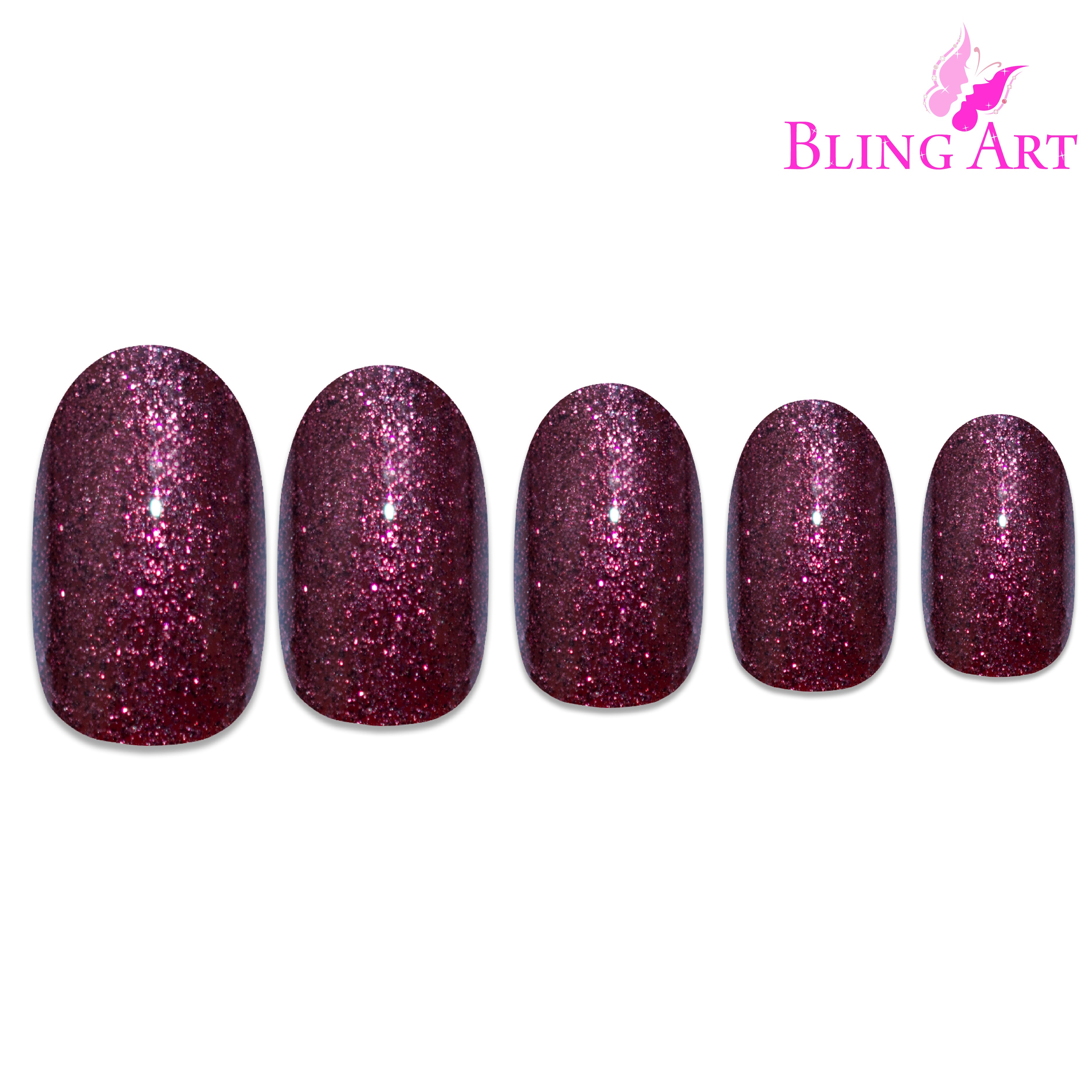 Red Brown gel oval press-on nails by Bling Art — alternative angle revealing the bond line on the oval shape.