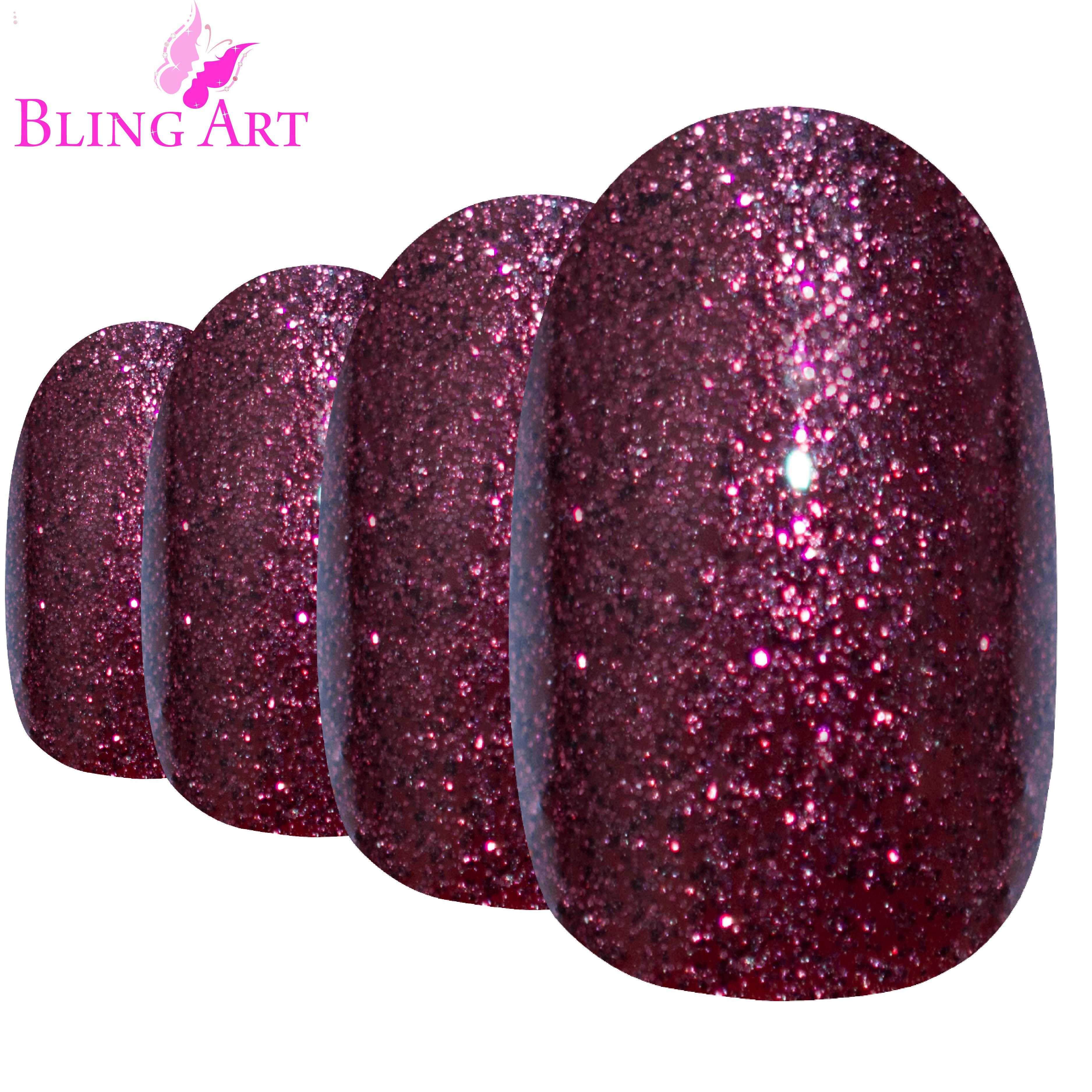 Bling Art Red Brown gel oval press-on nail set packaging — 24 nails, 12 sizes XS-XXL, file and cuticle stick included. Glue not included.
