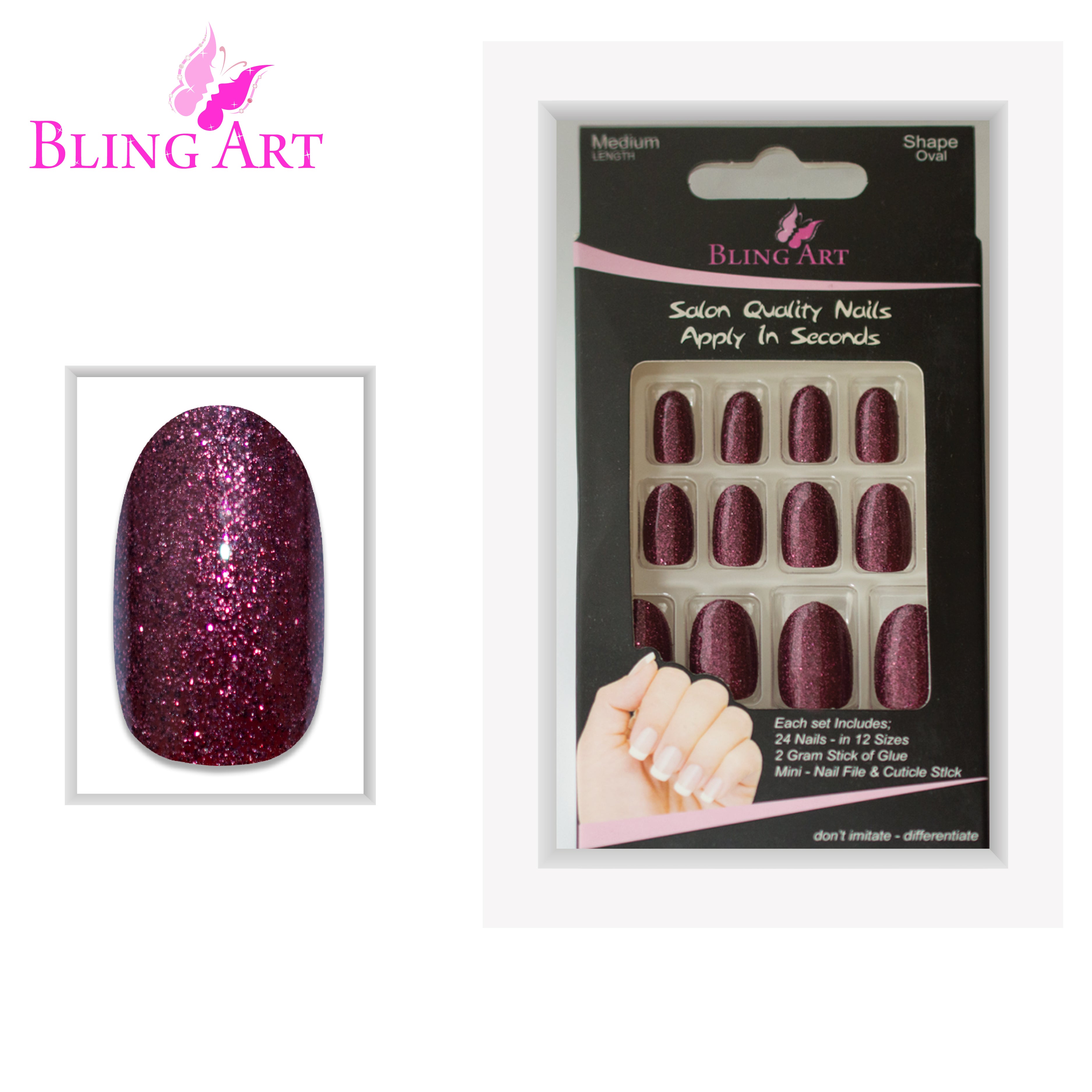 Red Brown gel oval press-on nails by Bling Art — full-hand reveal showing all 24 nails across five fingers for autumnal events.