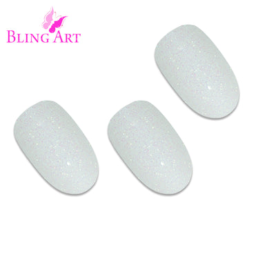 White gel oval press-on false nails by Bling Art — pearl-white high-shine gel for weddings, bridal manicures and minimalist everyday wear. 24 nails, 12 sizes XS-XXL, no UV lamp. Designed in Yorkshire UK.