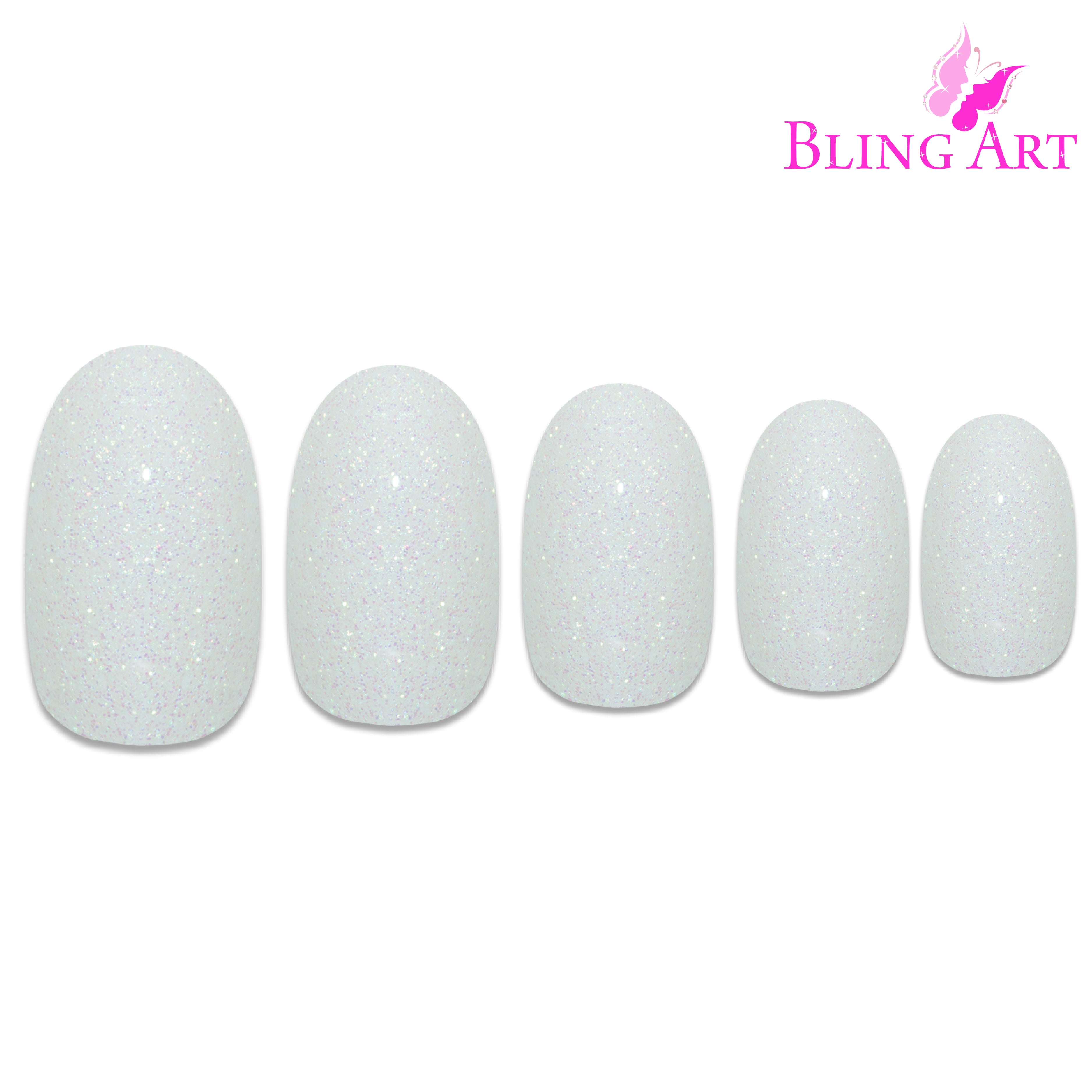 White gel oval press-on nails by Bling Art — lifestyle context shot showing the bridal pearl finish in everyday wear.