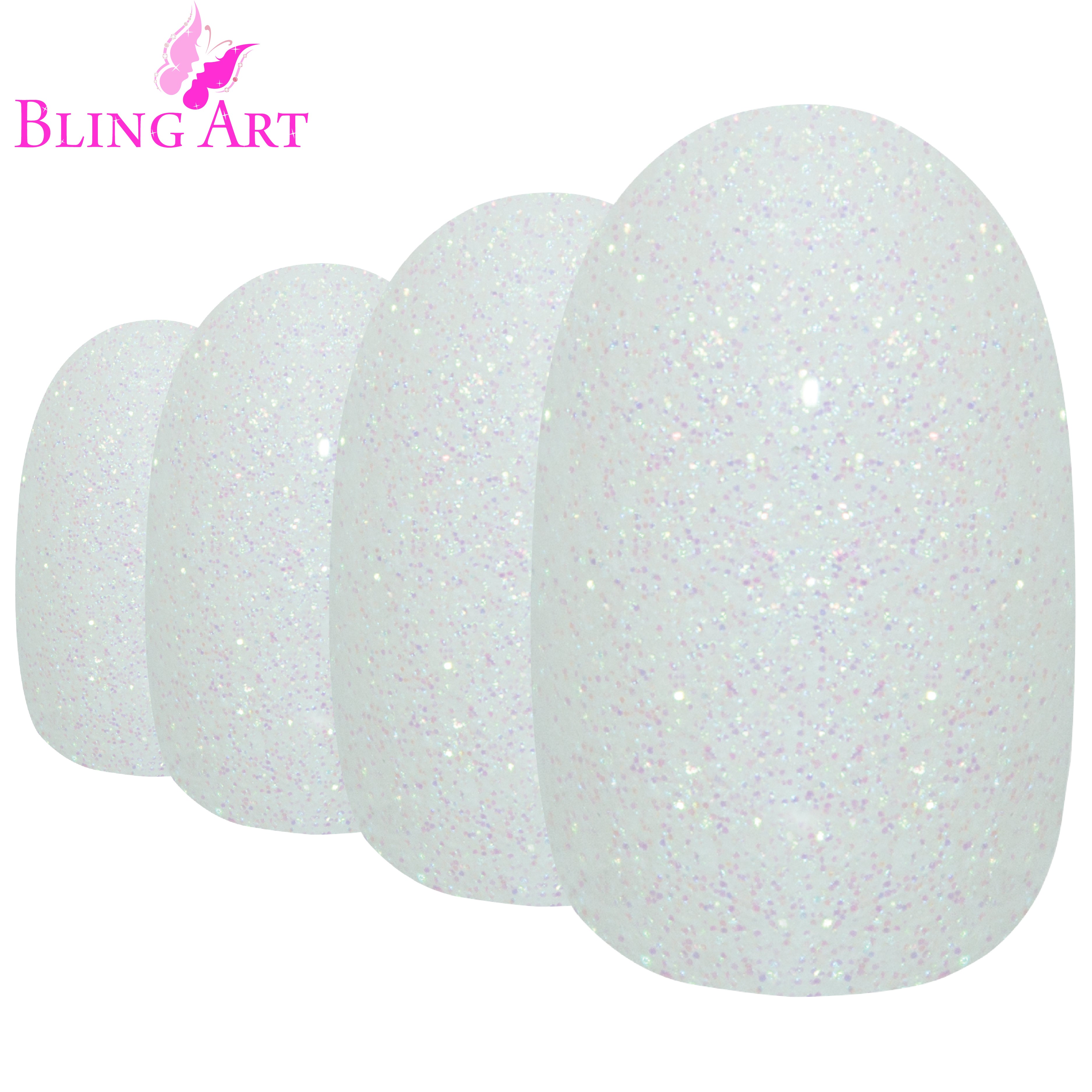 White gel oval press-on nails by Bling Art — worn-hand close-up showing the high-shine pearl finish on medium-length oval tips.