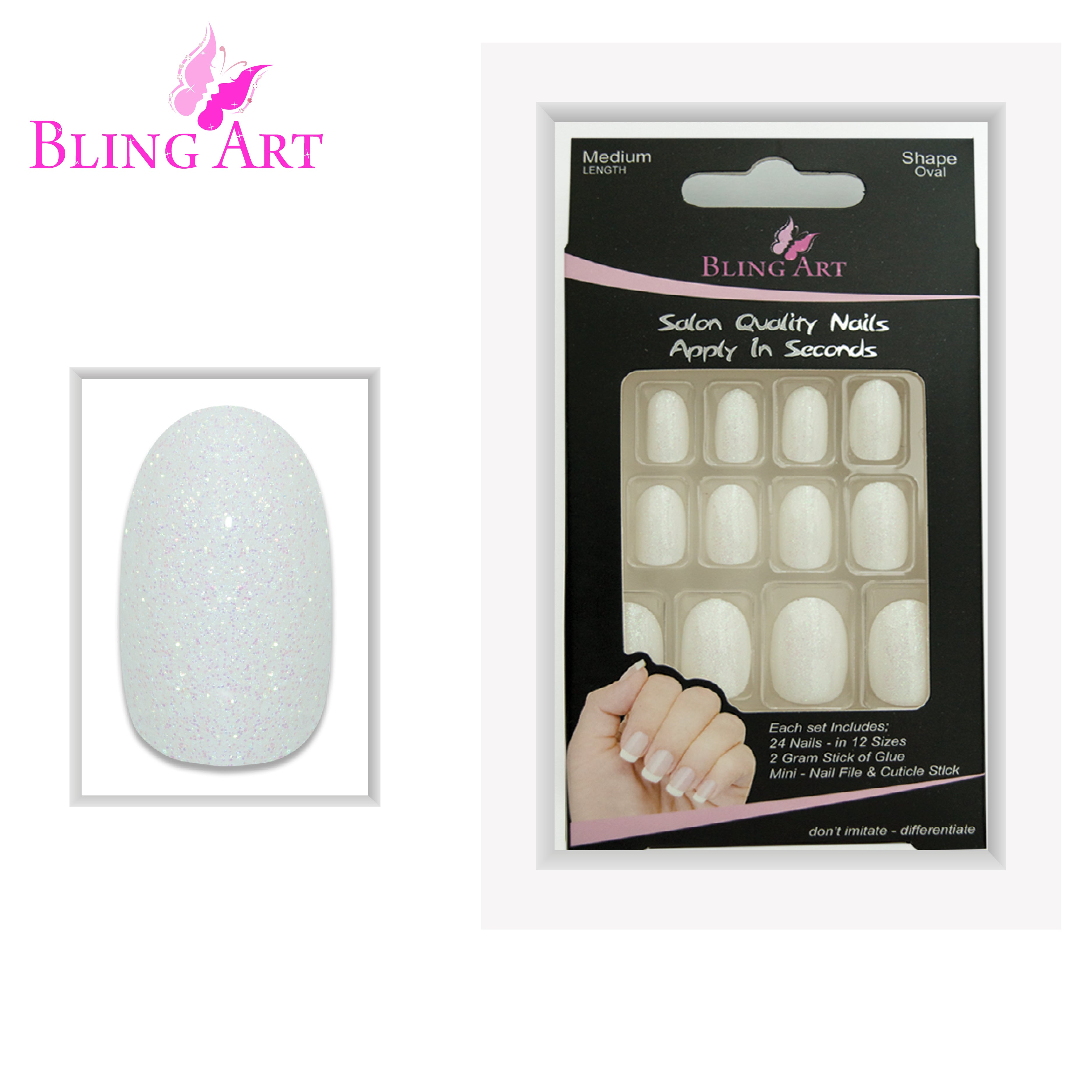 White gel oval press-on nails by Bling Art — full-hand reveal showing all 24 nails across five fingers, ideal for weddings.