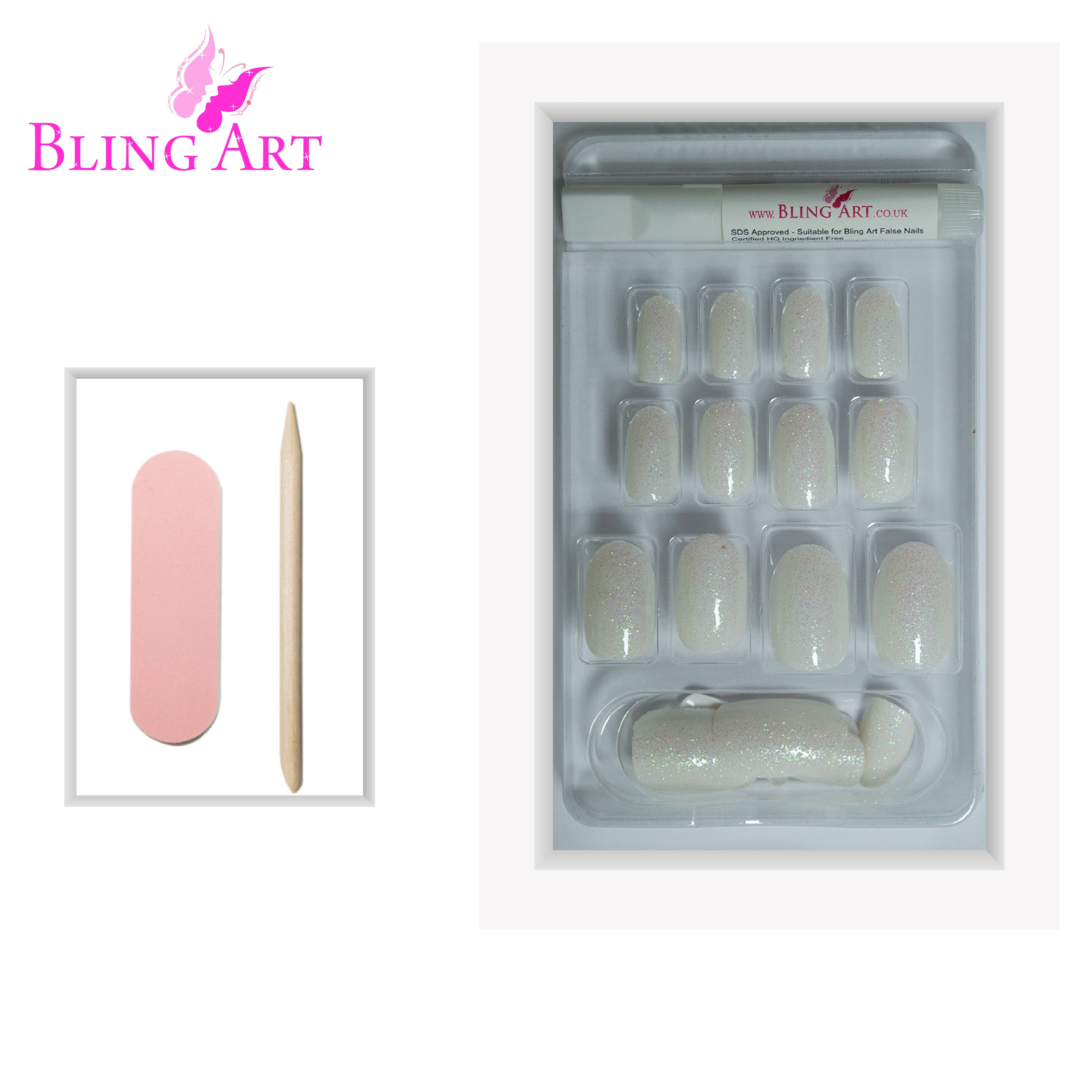 White gel oval press-on nails by Bling Art — alternative angle revealing the gel coat and finger-fit on the oval shape.