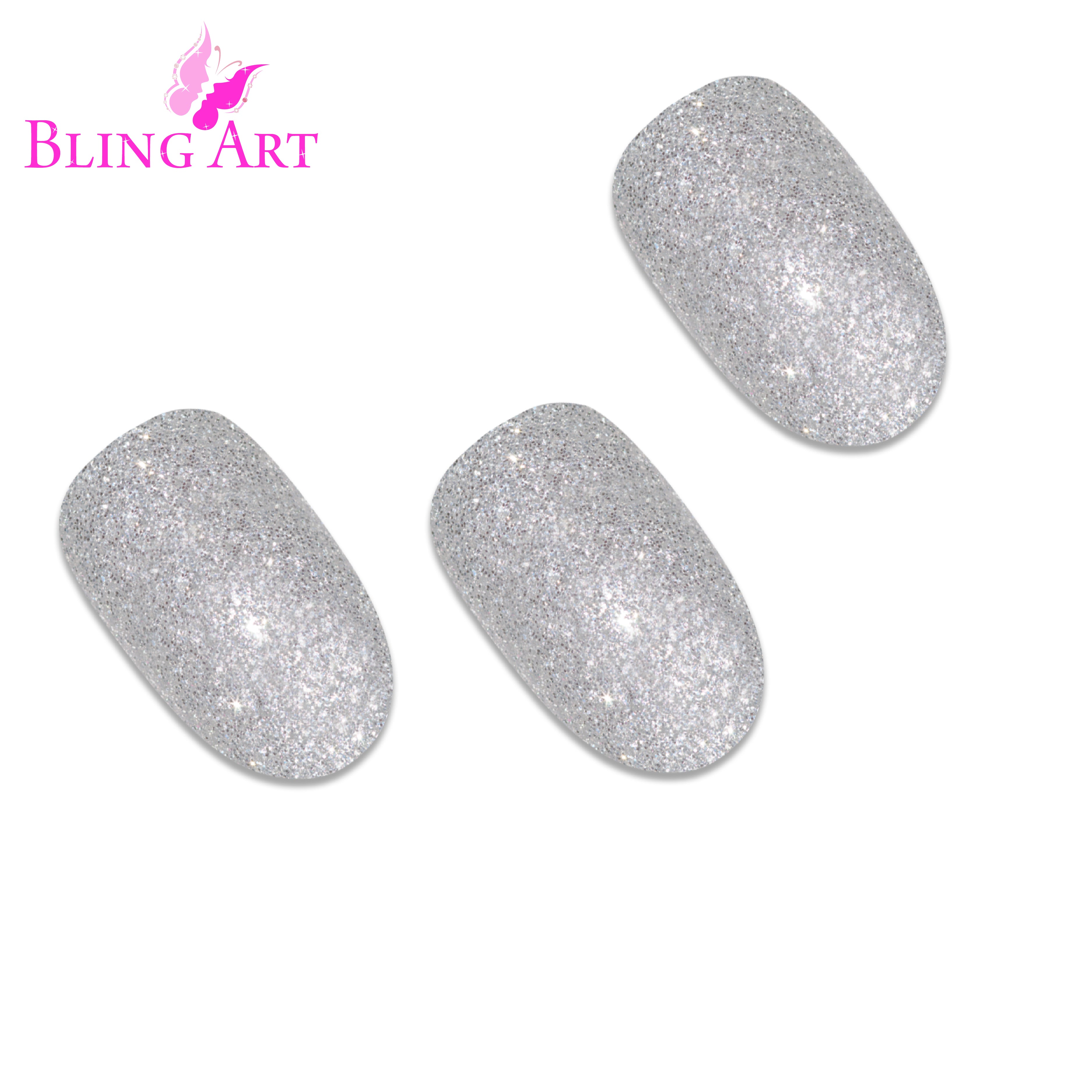 Silver gel oval press-on nails by Bling Art — worn-hand close-up showing the chrome silver gel coat on medium-length oval tips.