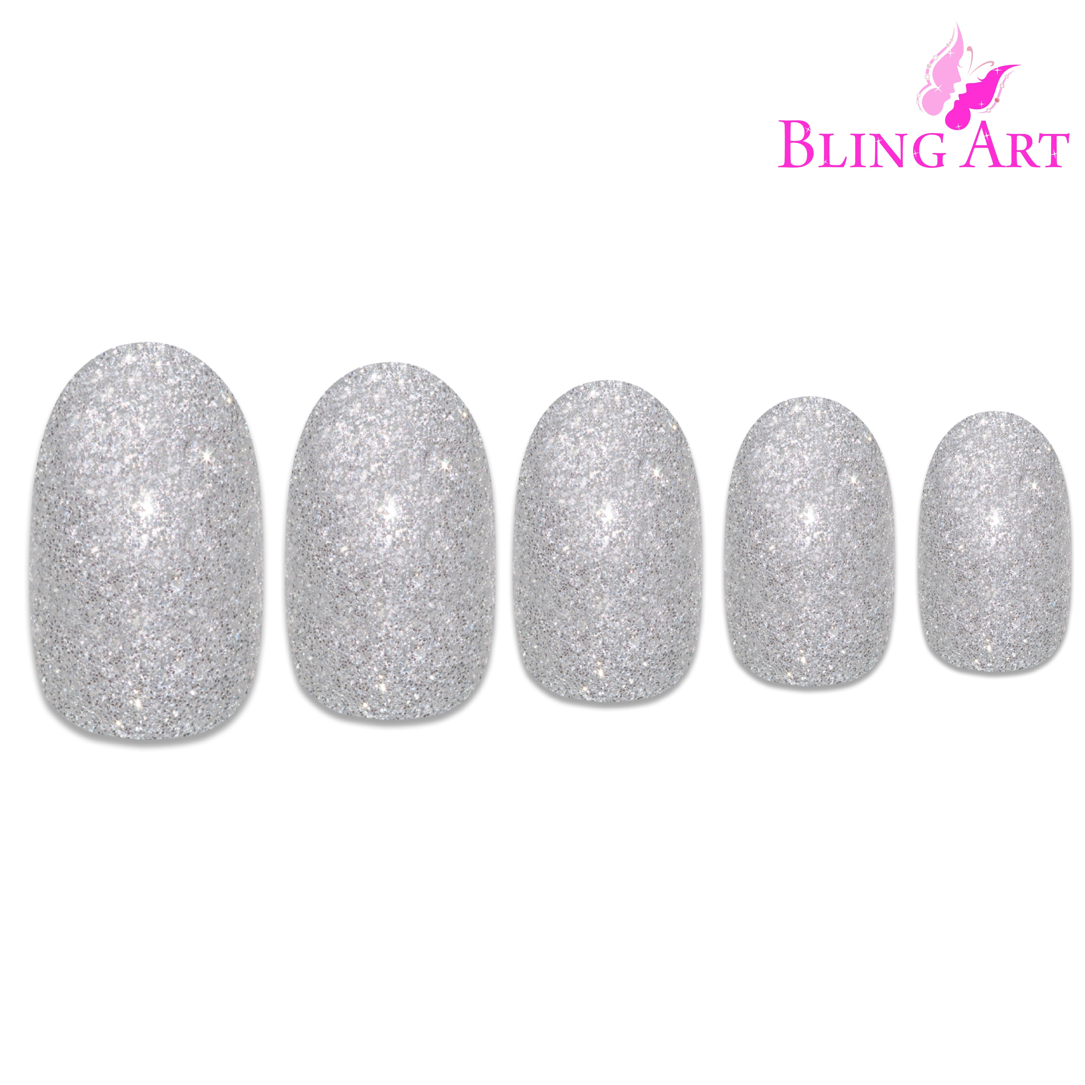 Silver gel oval press-on nails by Bling Art — alternative angle revealing the bond line on the oval shape.