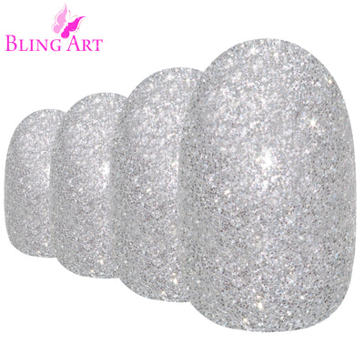 Silver gel oval press-on false nails by Bling Art — chrome silver high-shine gel for parties, Christmas and statement evenings. 24 nails, 12 sizes XS-XXL, no UV lamp. Designed in Yorkshire UK.