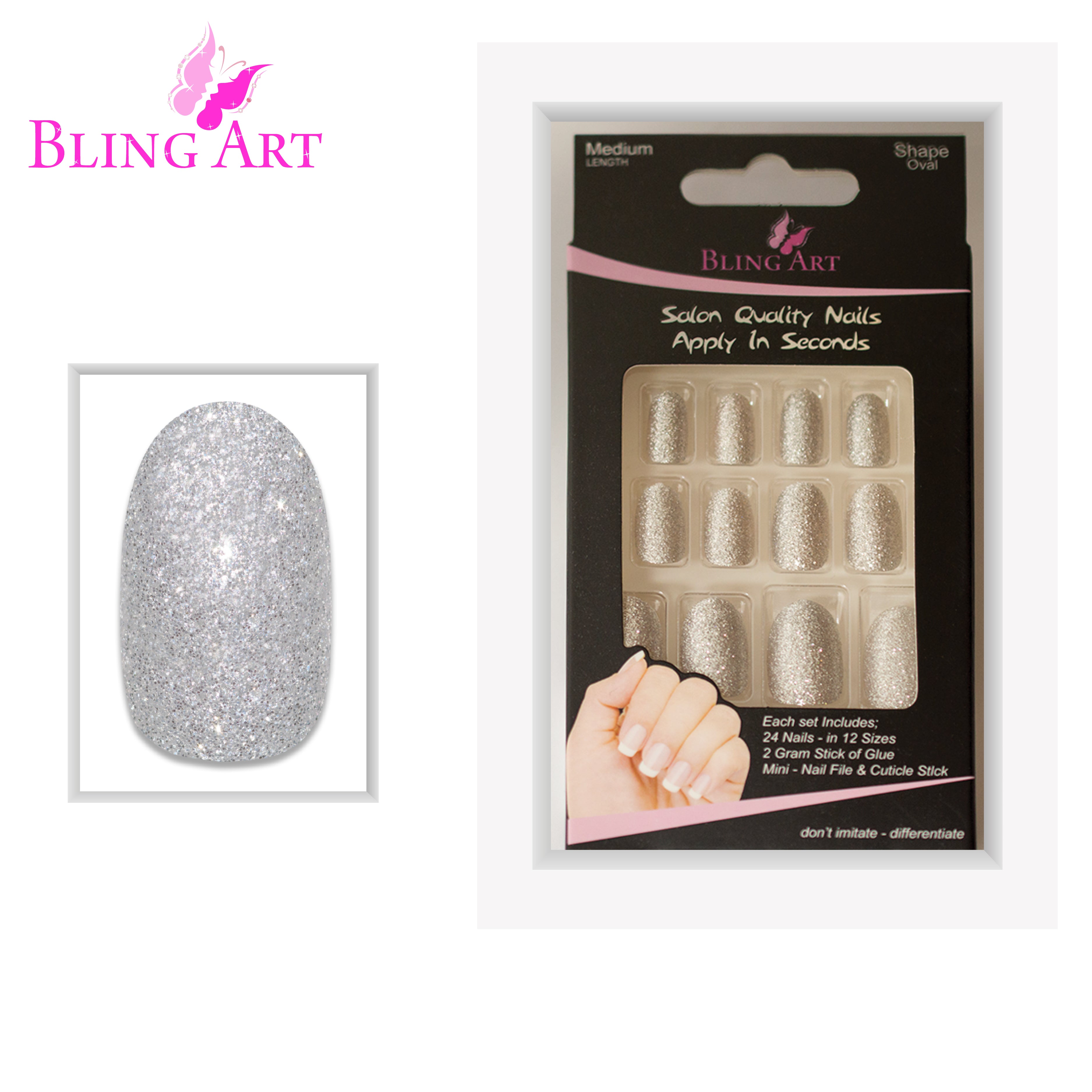 Silver gel oval press-on nails by Bling Art — full-hand reveal showing all 24 nails across five fingers for festive and editorial wear.