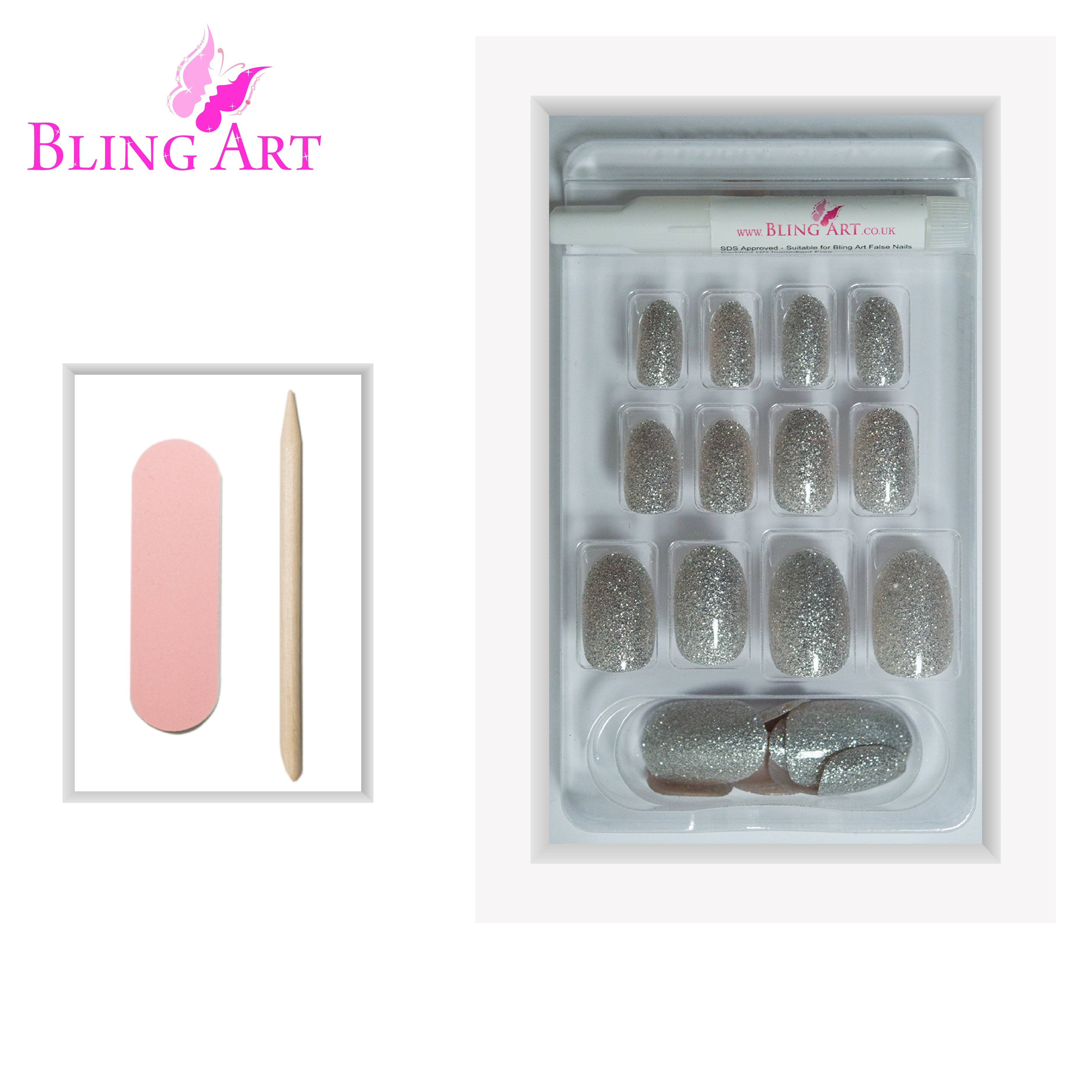 Silver gel oval press-on nails by Bling Art — lifestyle context shot showing the sleek chrome silver gloss.