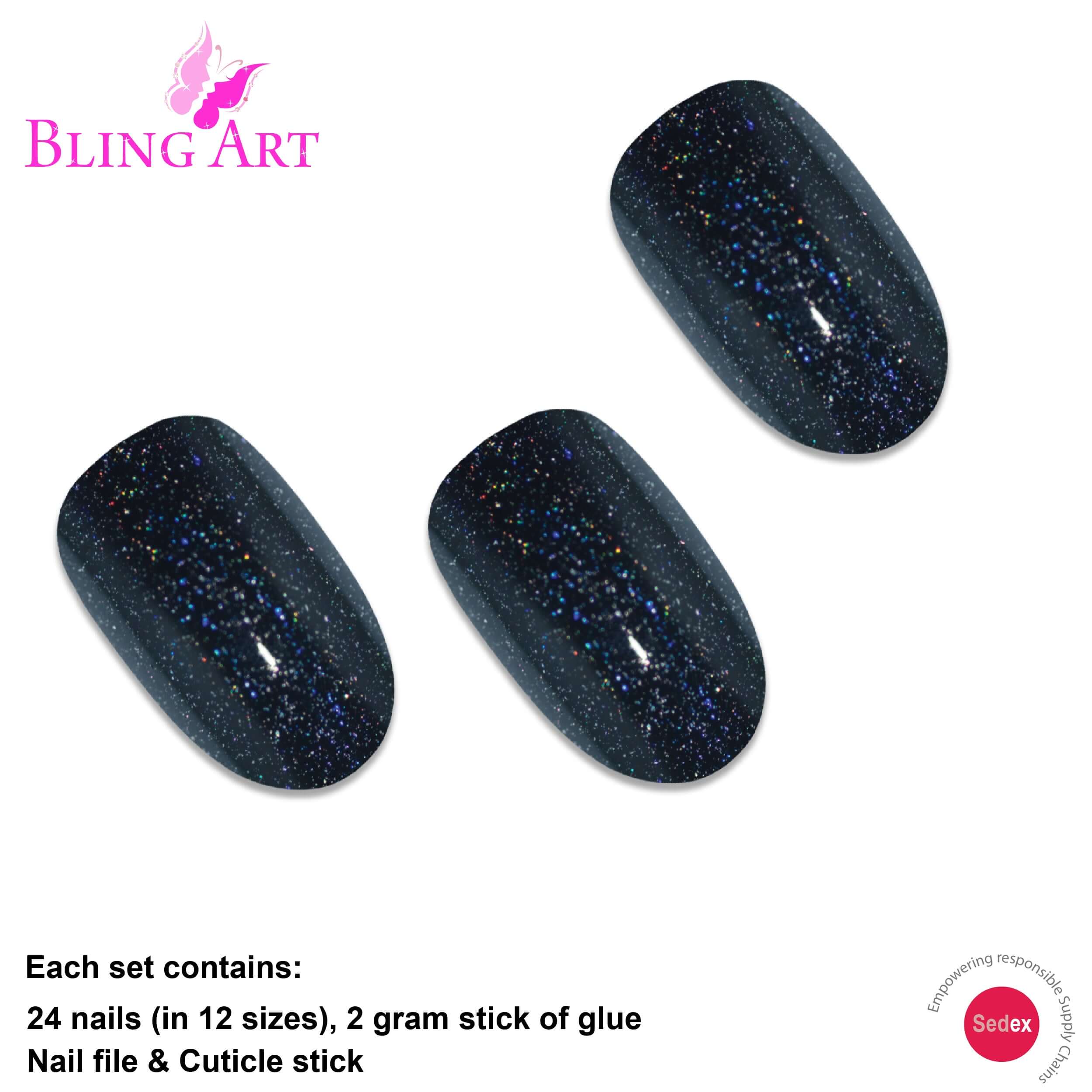 False Nails by Bling Art Black Gel Oval Medium 24 Fake Acrylic Tips