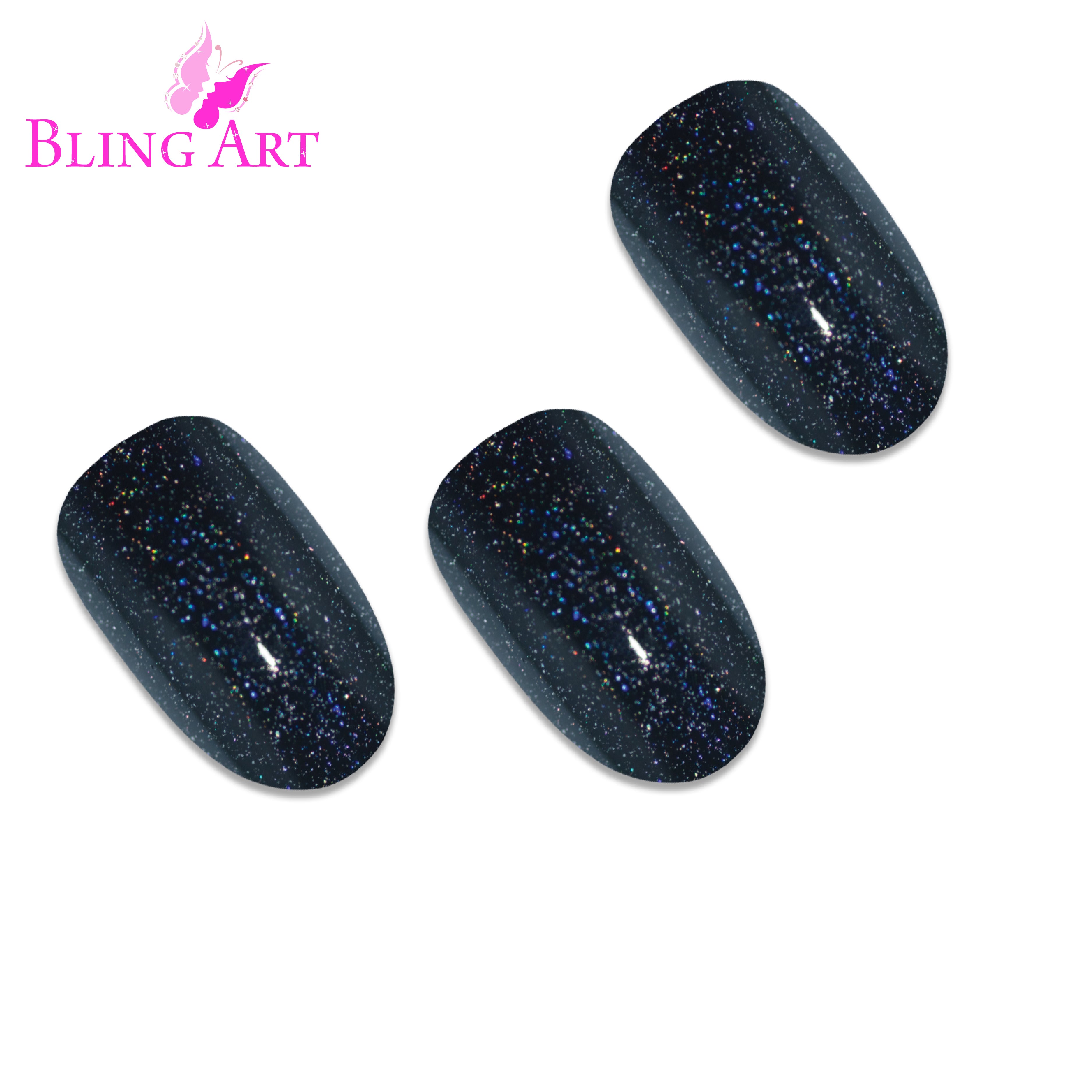 Black gel oval press-on nails by Bling Art — full-hand reveal showing all 24 nails across five fingers for evening and editorial wear.