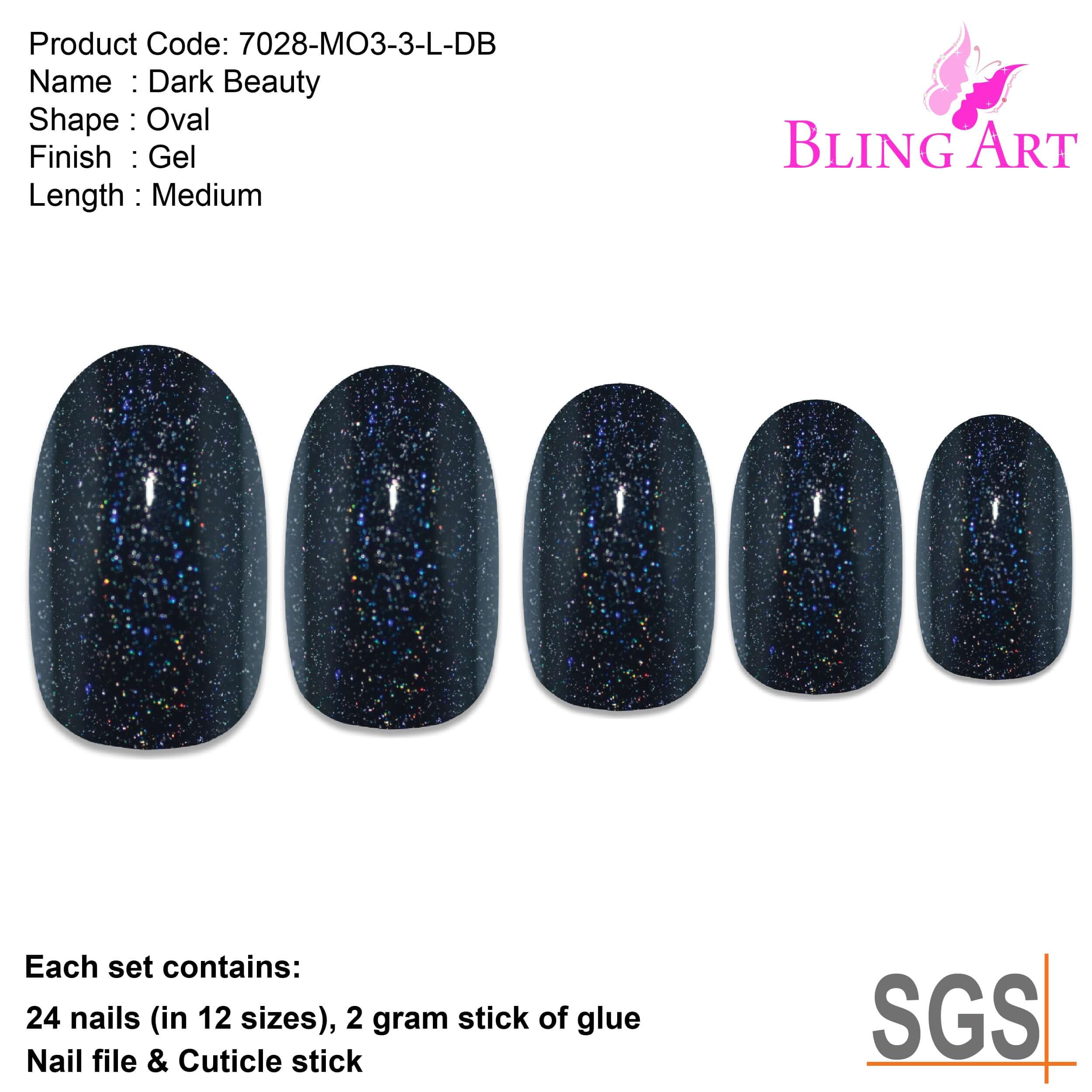 False Nails by Bling Art Black Gel Oval Medium 24 Fake Acrylic Tips