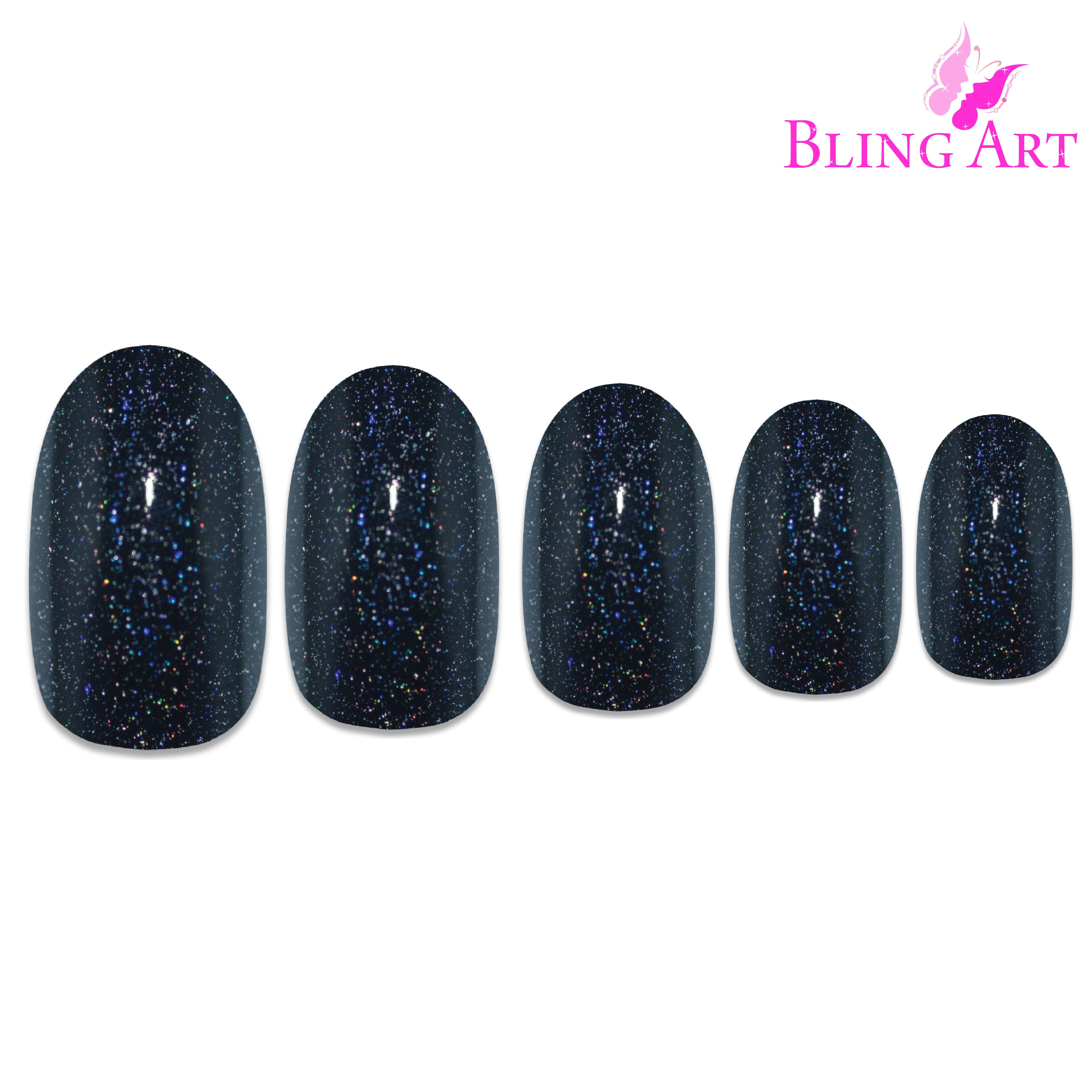 Black gel oval press-on nails by Bling Art — alternative angle revealing the bond line on the oval shape.