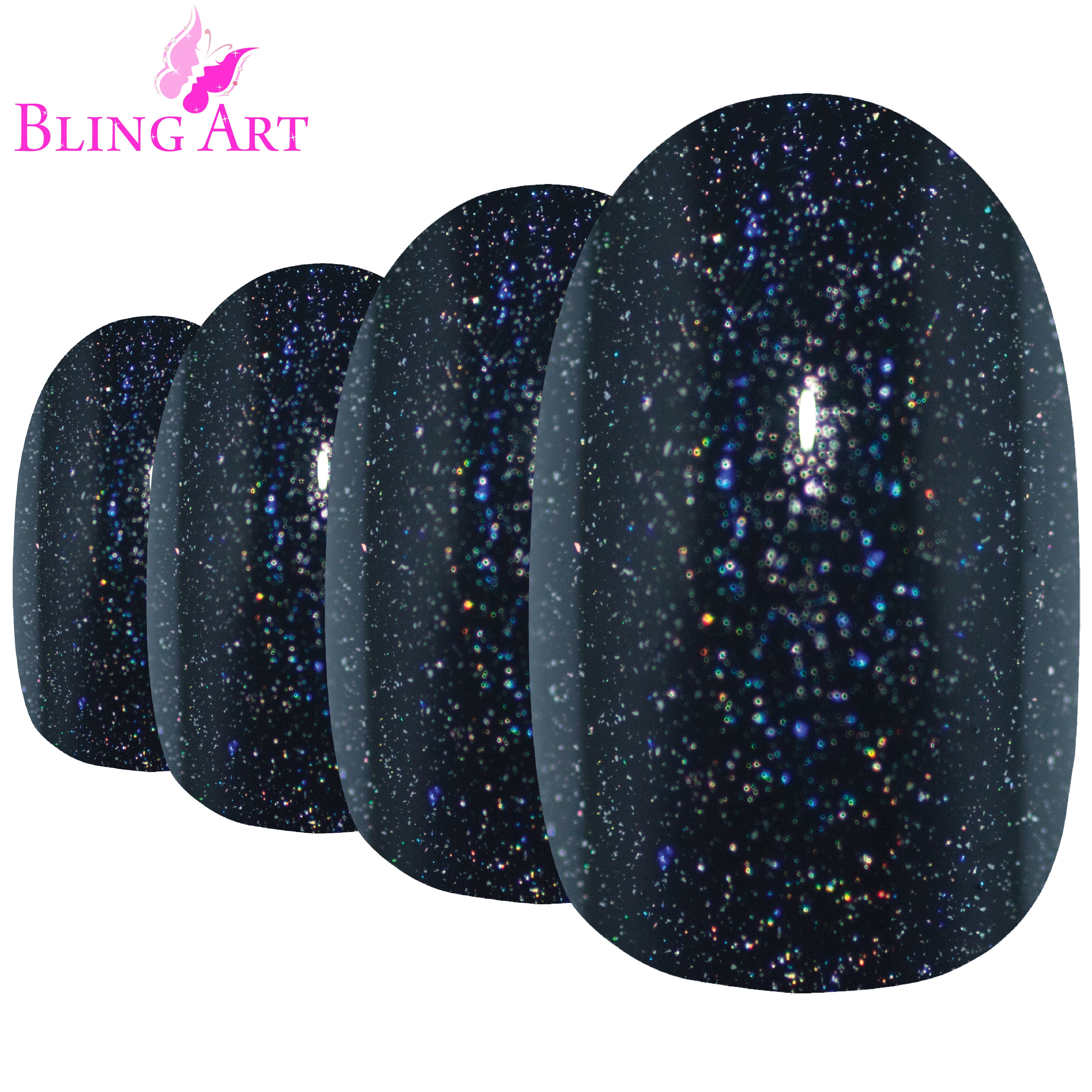 Black gel oval press-on nails by Bling Art — worn-hand close-up showing the high-shine jet-black gel coat on medium-length oval tips.