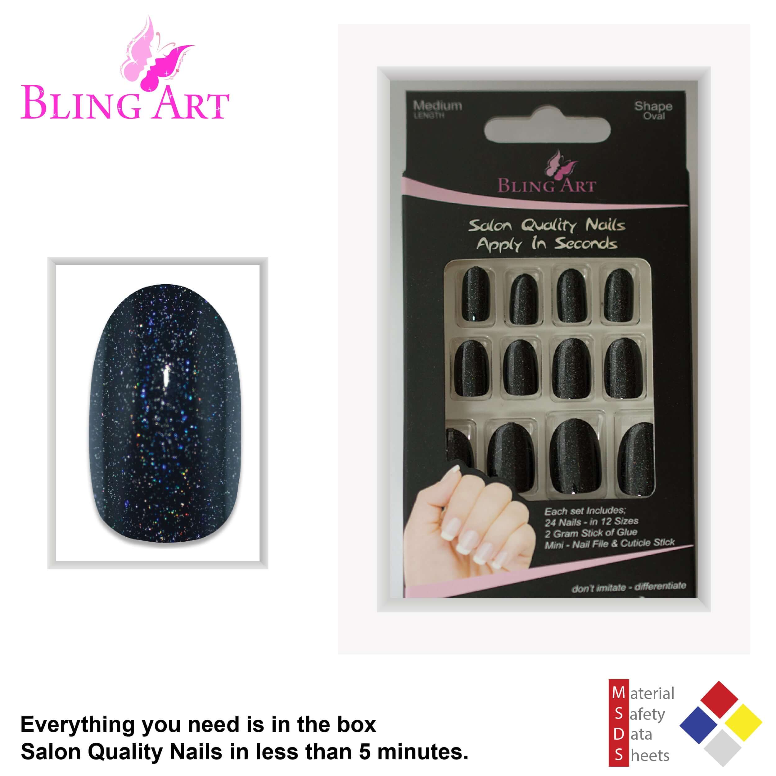 False Nails by Bling Art Black Gel Oval Medium 24 Fake Acrylic Tips