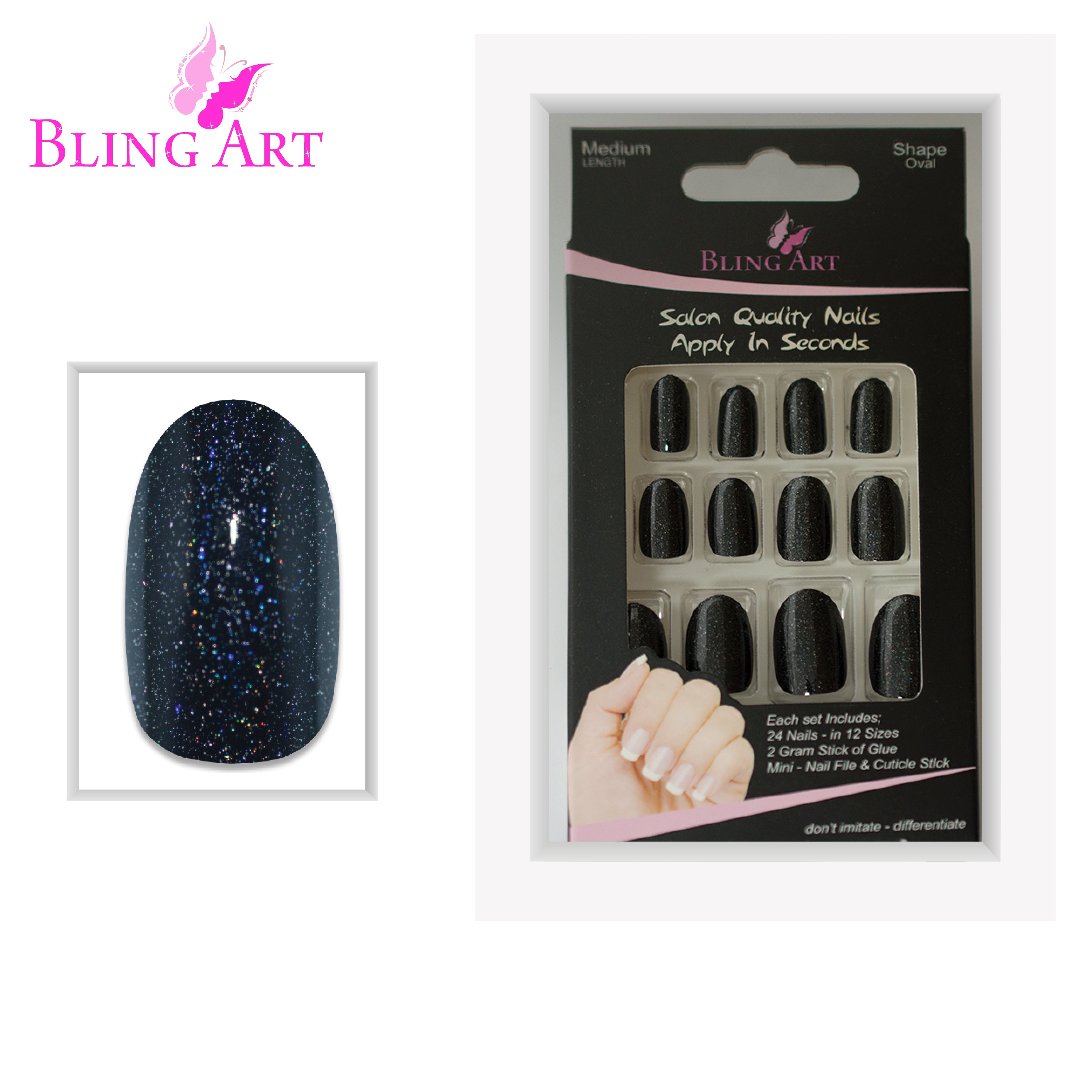Black gel oval press-on nails by Bling Art — lifestyle context shot showing the sleek jet-black high-shine finish.