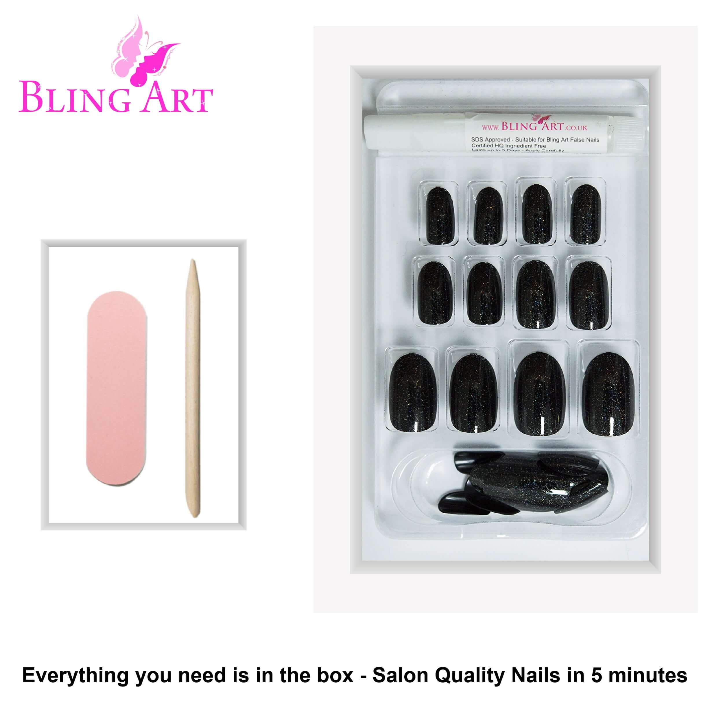 False Nails by Bling Art Black Gel Oval Medium 24 Fake Acrylic Tips
