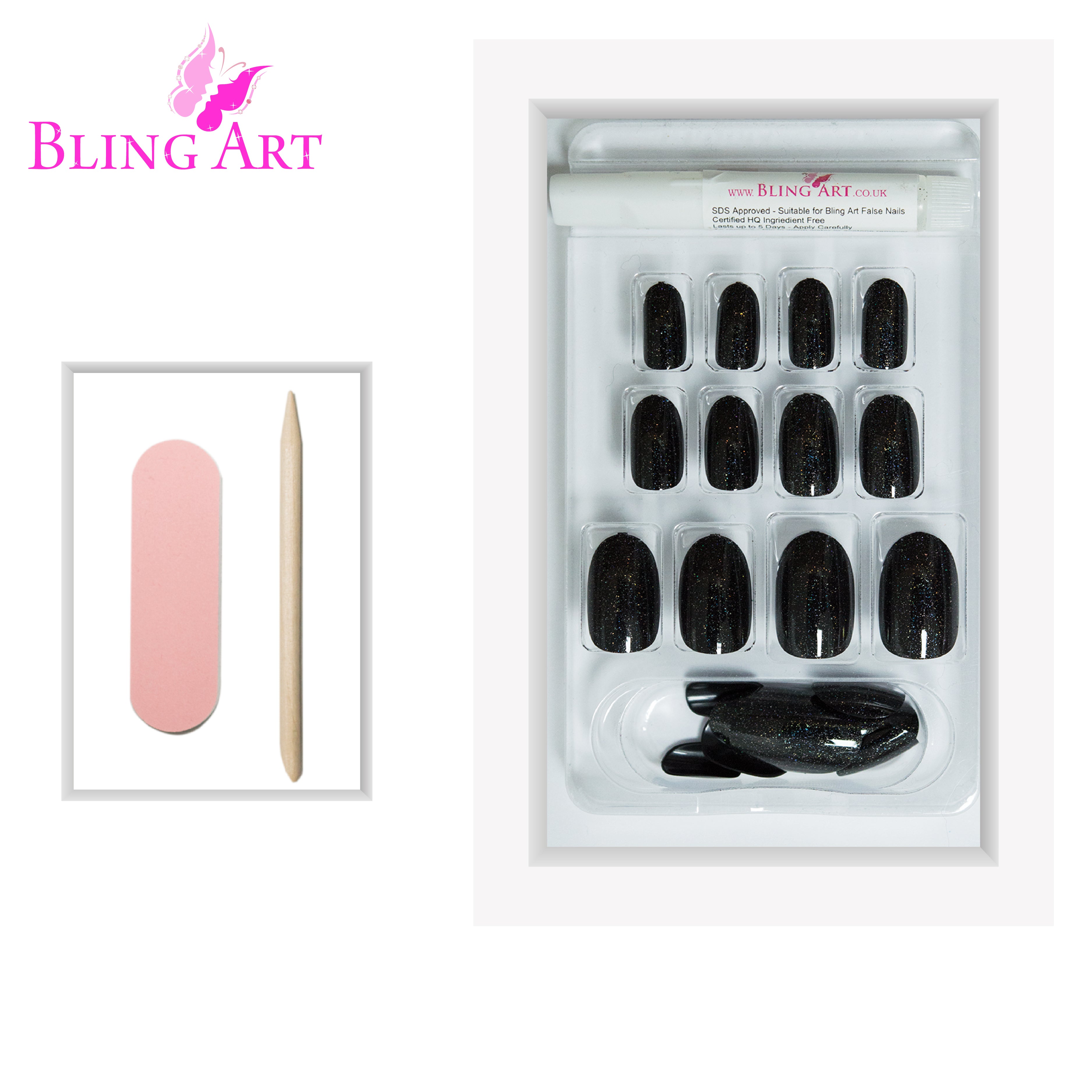 Bling Art Black gel oval press-on nail set packaging — 24 nails, 12 sizes XS-XXL, file and cuticle stick included. Glue not included.