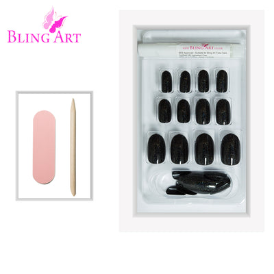 Black gel oval press-on false nails by Bling Art — deep jet-black high-shine gel for evening wear, editorial styling and statement looks. 24 nails, 12 sizes XS-XXL, no UV lamp. Designed in Yorkshire UK.