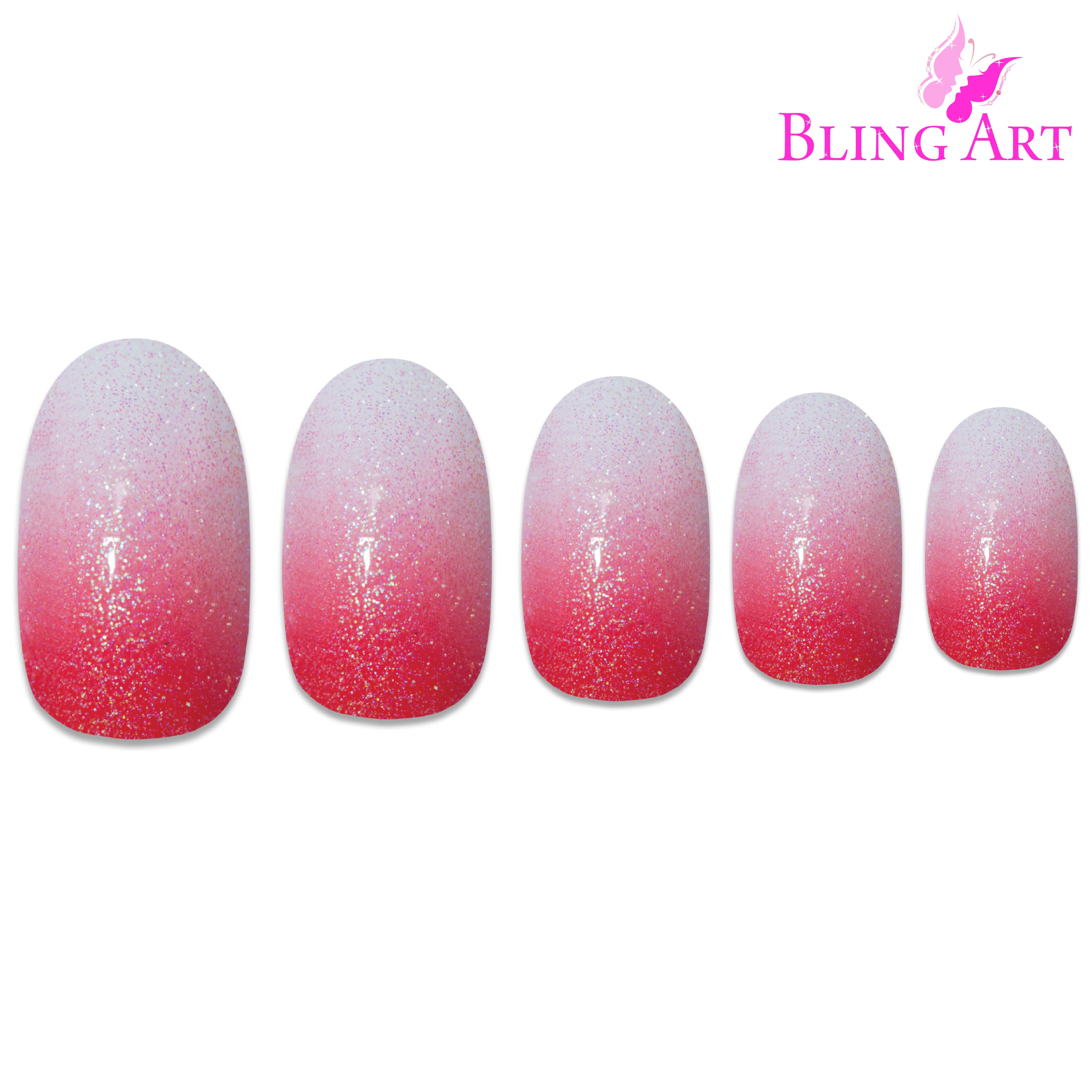 Red gel ombre oval press-on nails by Bling Art — alternative angle revealing the ombre transition on the oval shape.