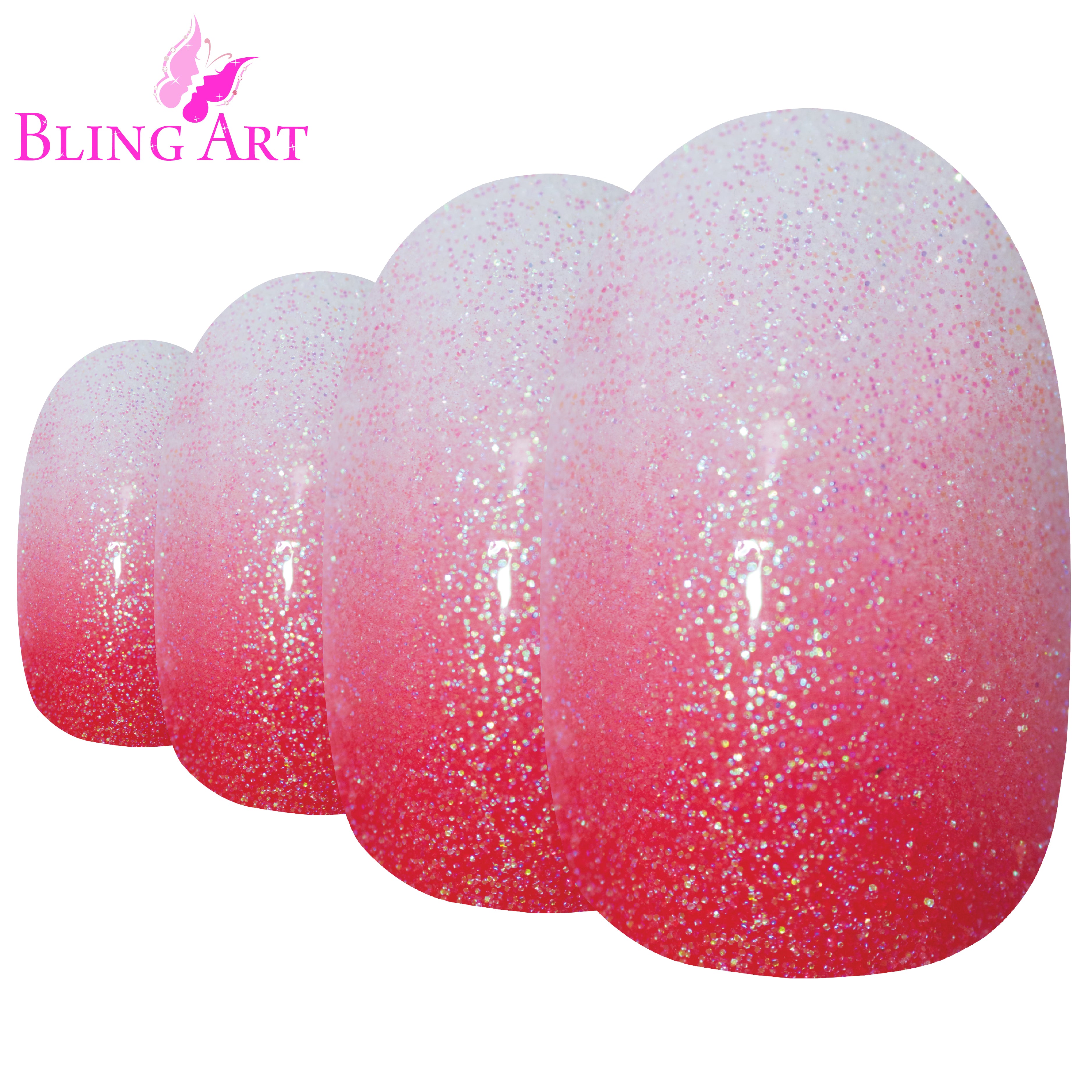 Bling Art Red gel ombre oval press-on nail set packaging — 24 nails, 12 sizes XS-XXL, file and cuticle stick included. Glue not included.