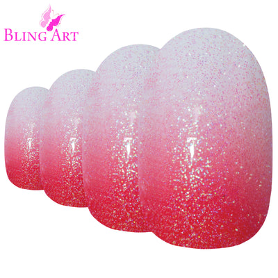 Red gel ombre oval press-on false nails by Bling Art — crimson gradient gel ombre for bold romantic statement looks. 24 nails, 12 sizes XS-XXL, no UV lamp. Designed in Yorkshire UK.