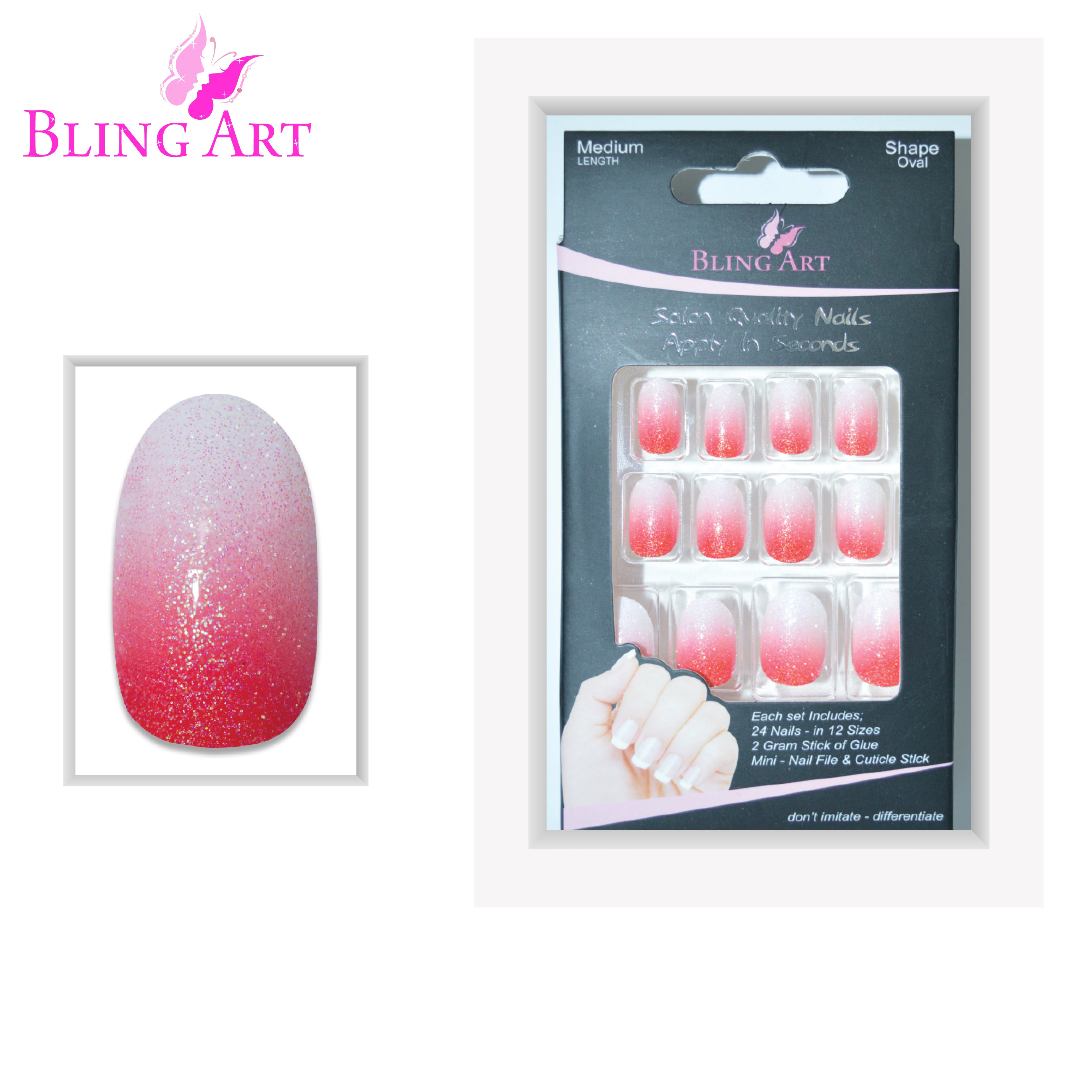 Red gel ombre oval press-on nails by Bling Art — full-hand reveal showing all 24 nails across five fingers for date nights and Valentine's.