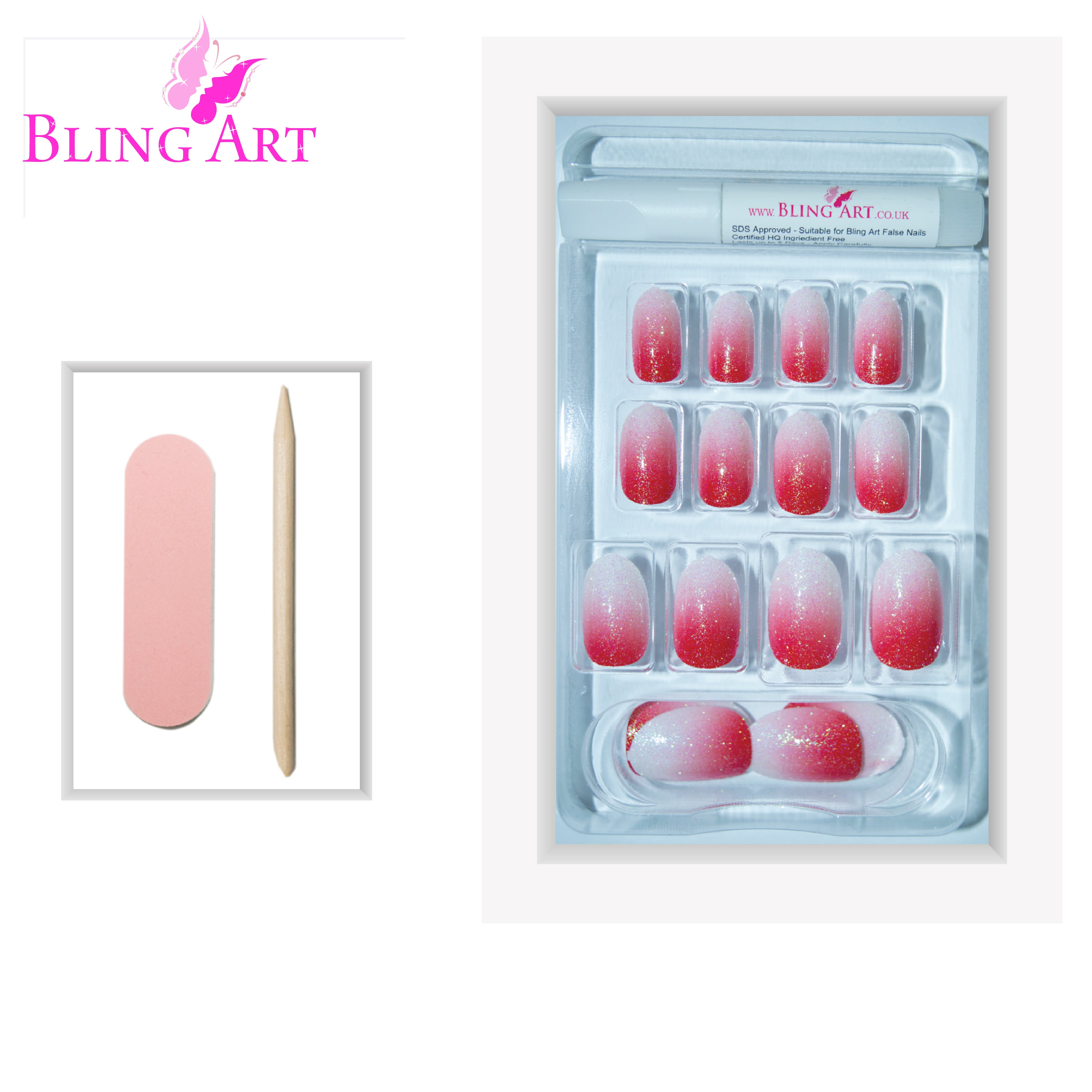 Red gel ombre oval press-on nails by Bling Art — lifestyle context shot showing the bold crimson gradient gloss.