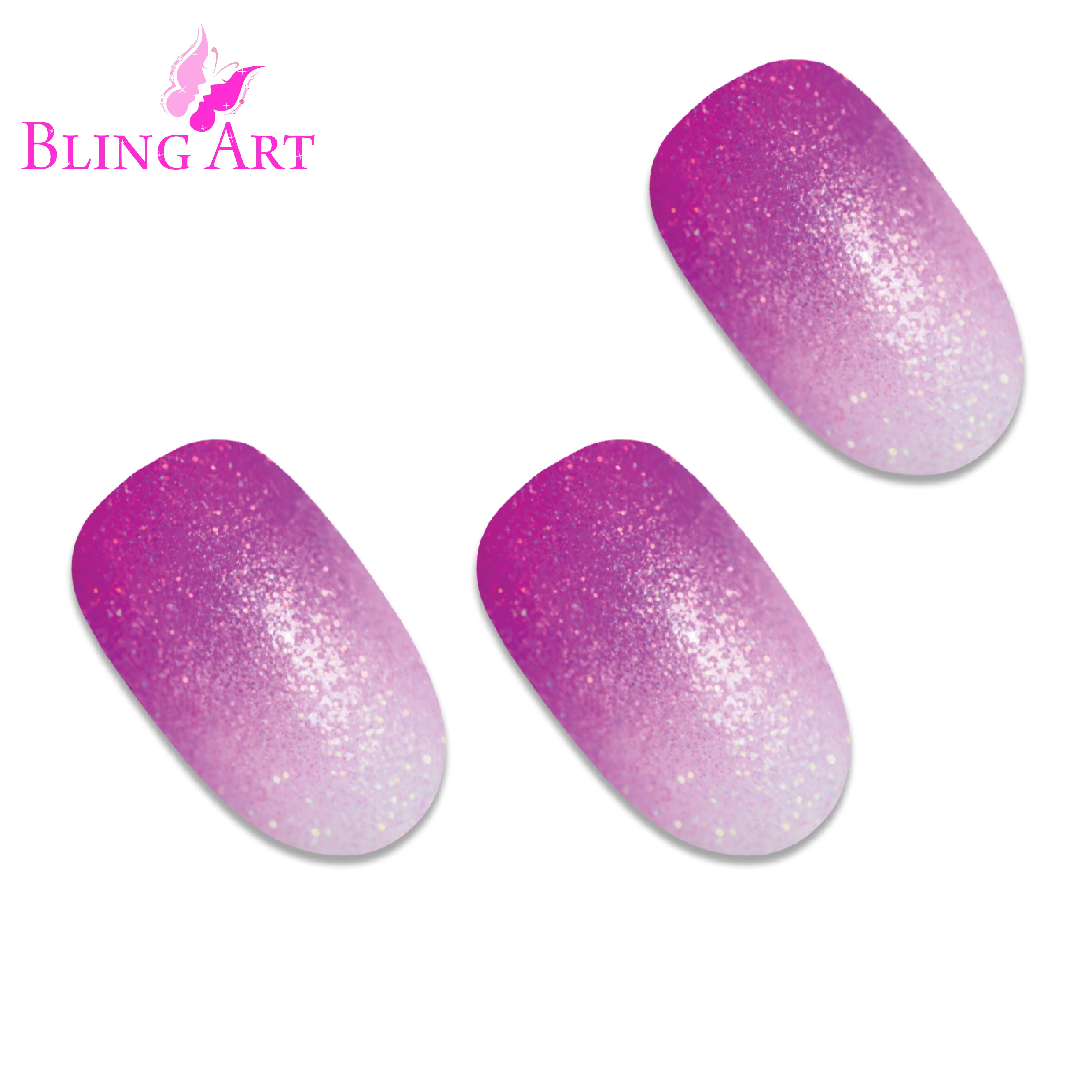 Bling Art Magenta gel ombre oval press-on nail set packaging — 24 nails, 12 sizes XS-XXL, file and cuticle stick included. Glue not included.