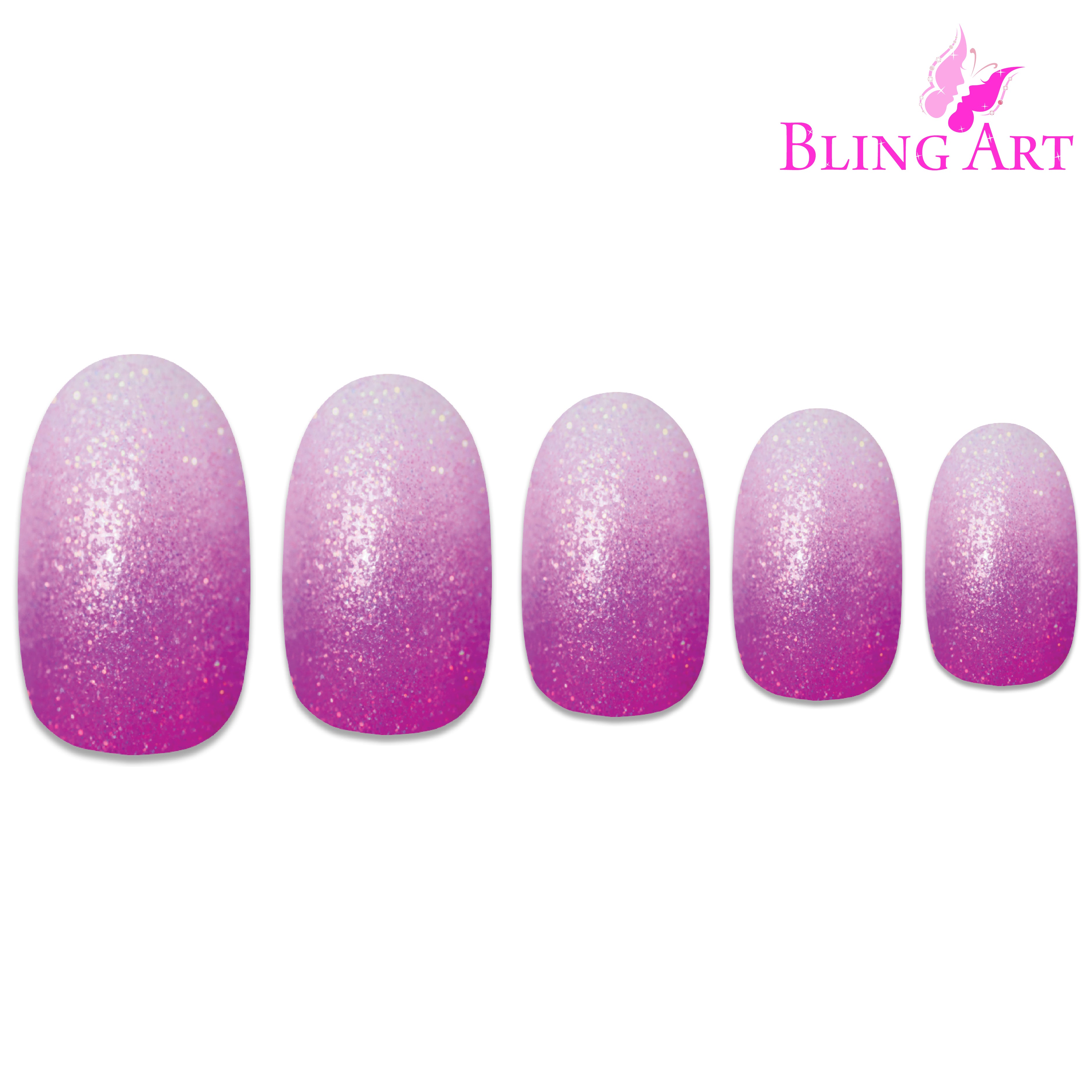 Magenta gel ombre oval Bling Art press-on nails — full-hand reveal showing all 24 nails for parties and summer events.