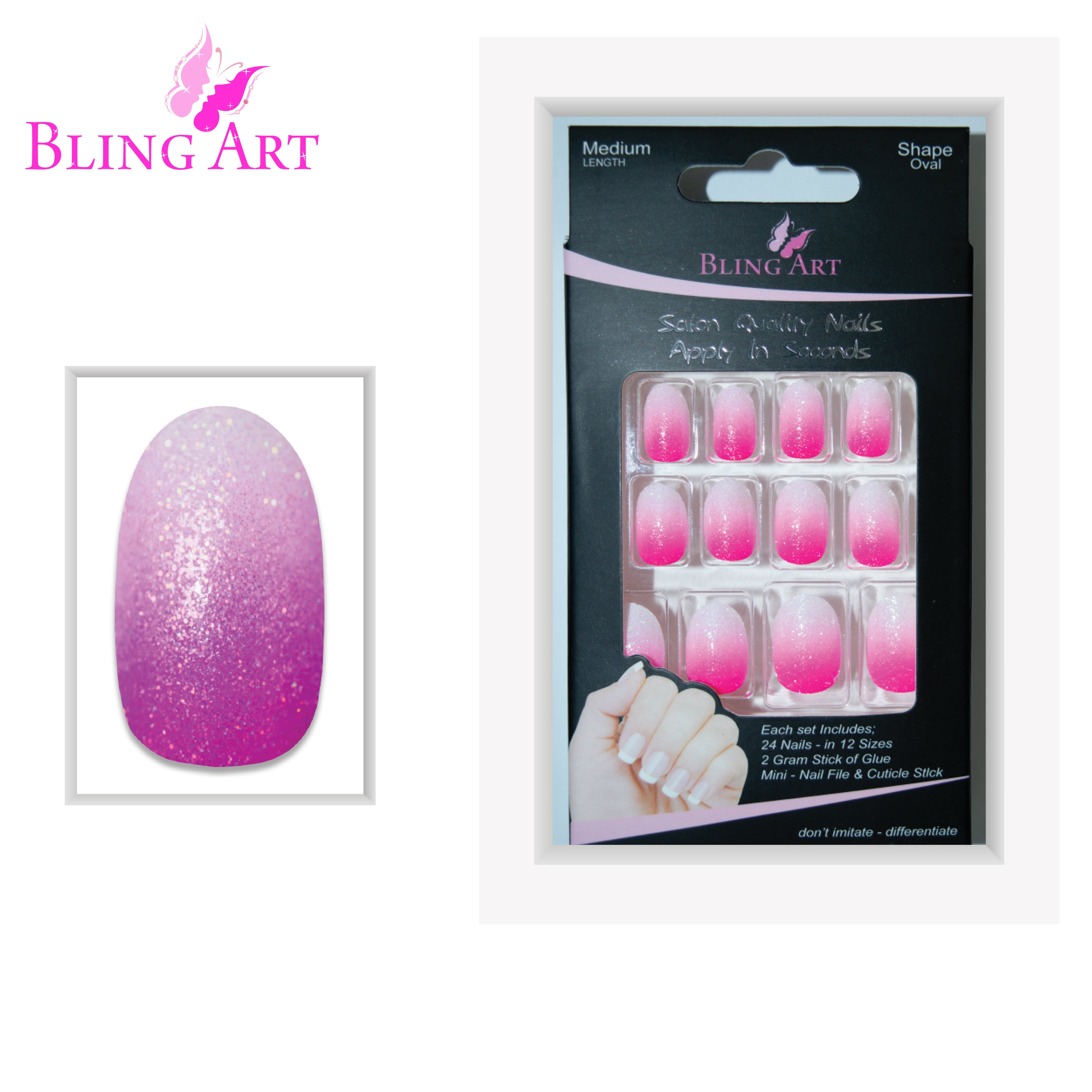 Magenta gel ombre oval Bling Art press-on nails — alternative angle revealing the ombre transition on the oval shape.