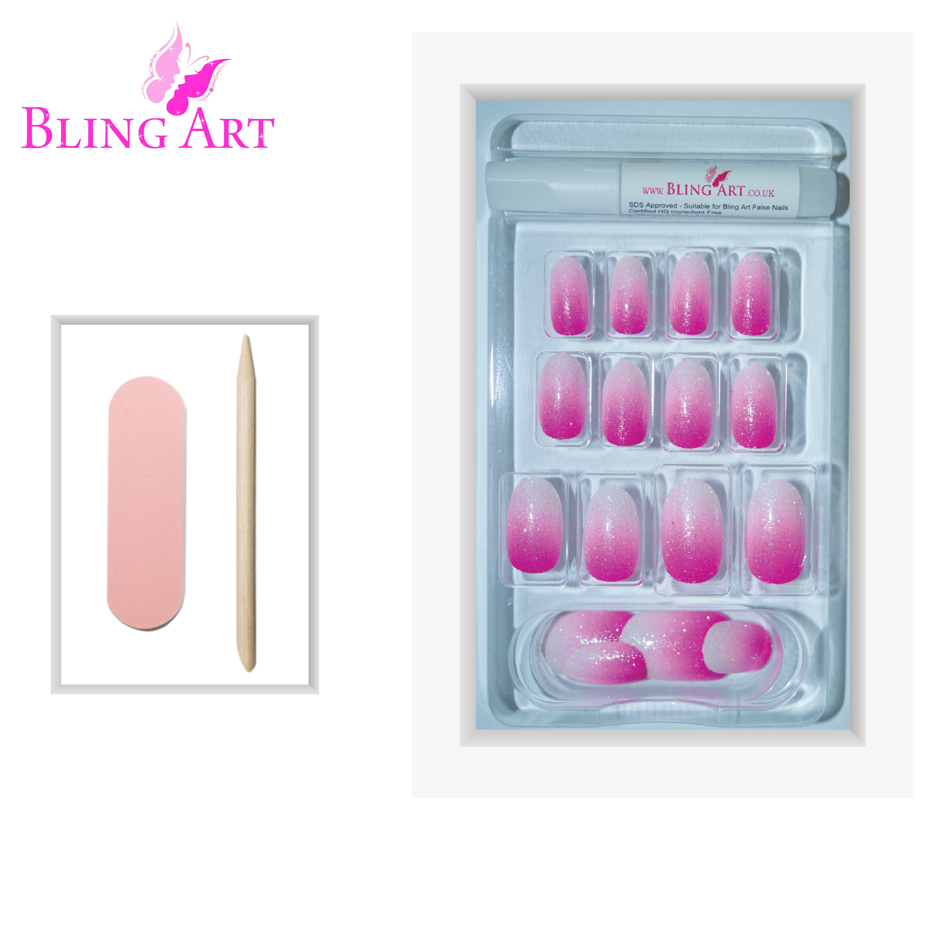 Magenta gel ombre oval Bling Art press-on nails — worn-hand close-up showing the vibrant magenta gradient on medium-length oval tips.