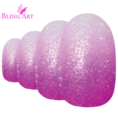 Magenta gel ombre oval press-on false nails by Bling Art — vibrant magenta gradient gel ombre on the classic oval shape for parties, summer events and date nights. 24 nails, 12 sizes XS-XXL, no UV lamp. Designed in Yorkshire UK.