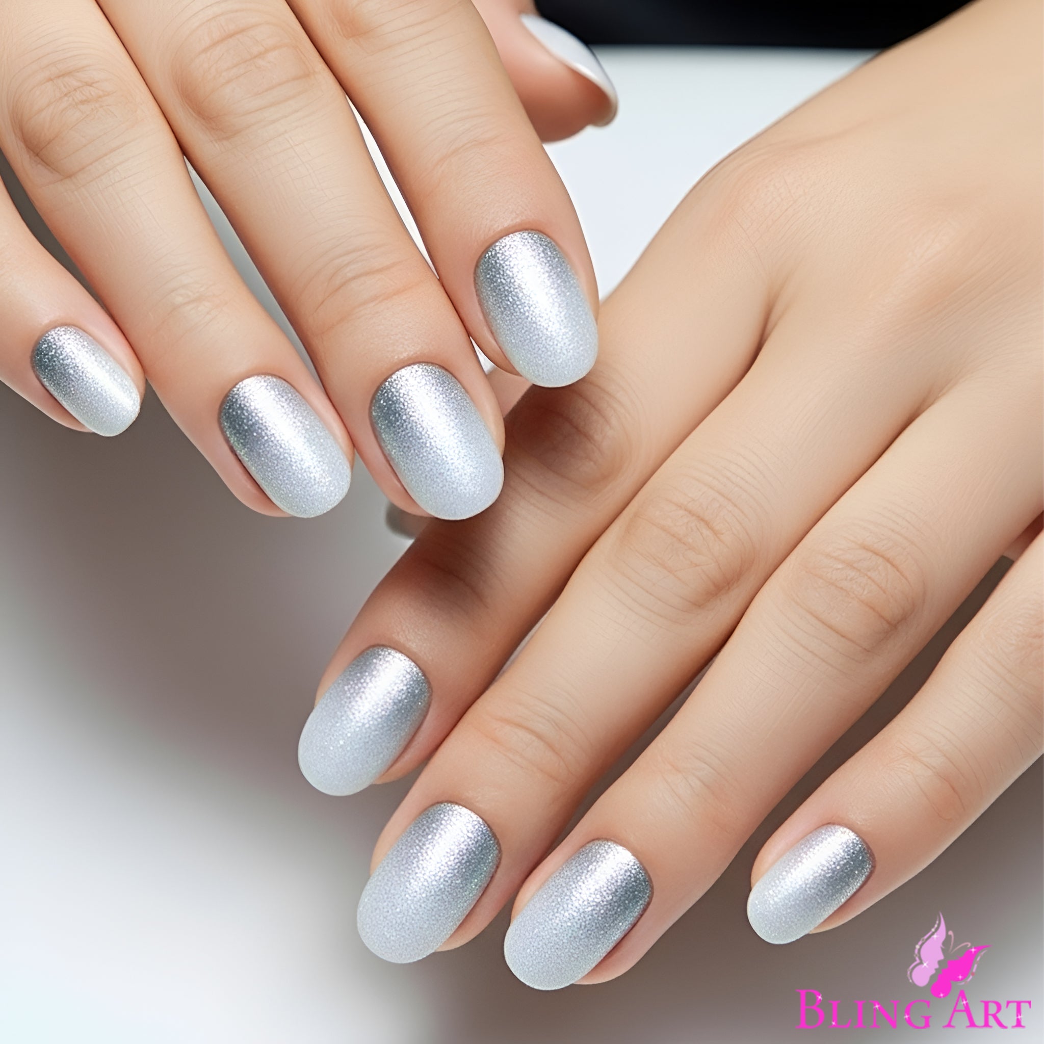 False Nails by Bling Art Silver Gel Ombre Oval Medium Fake Acrylic 24 Tips Glue